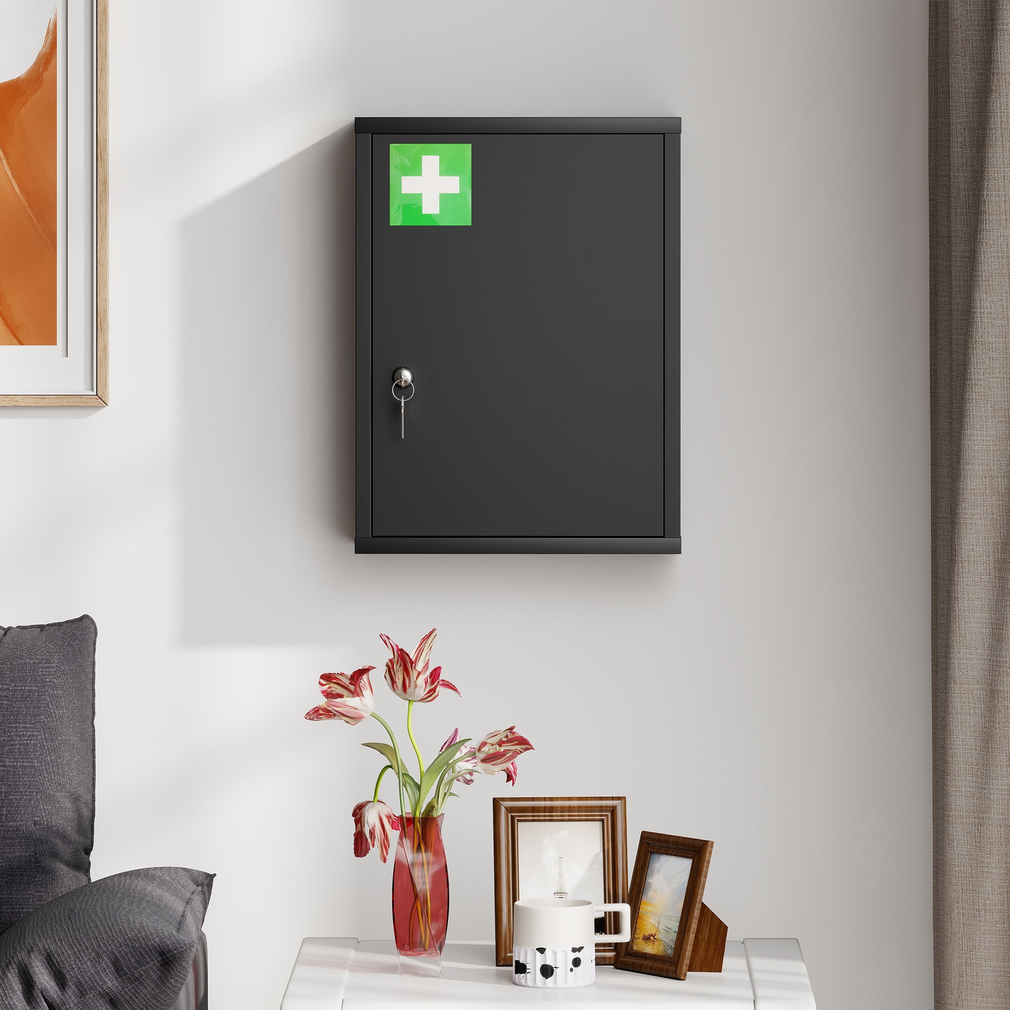 Medicine Cabinet, Pharmacy Cabinet with 3 Compartments, Lockable First Aid Cabinet with 2 Keys, Steel, Black, 15.7 x 5.9 x 21.1 in (40 x 15 x 53.5 cm)