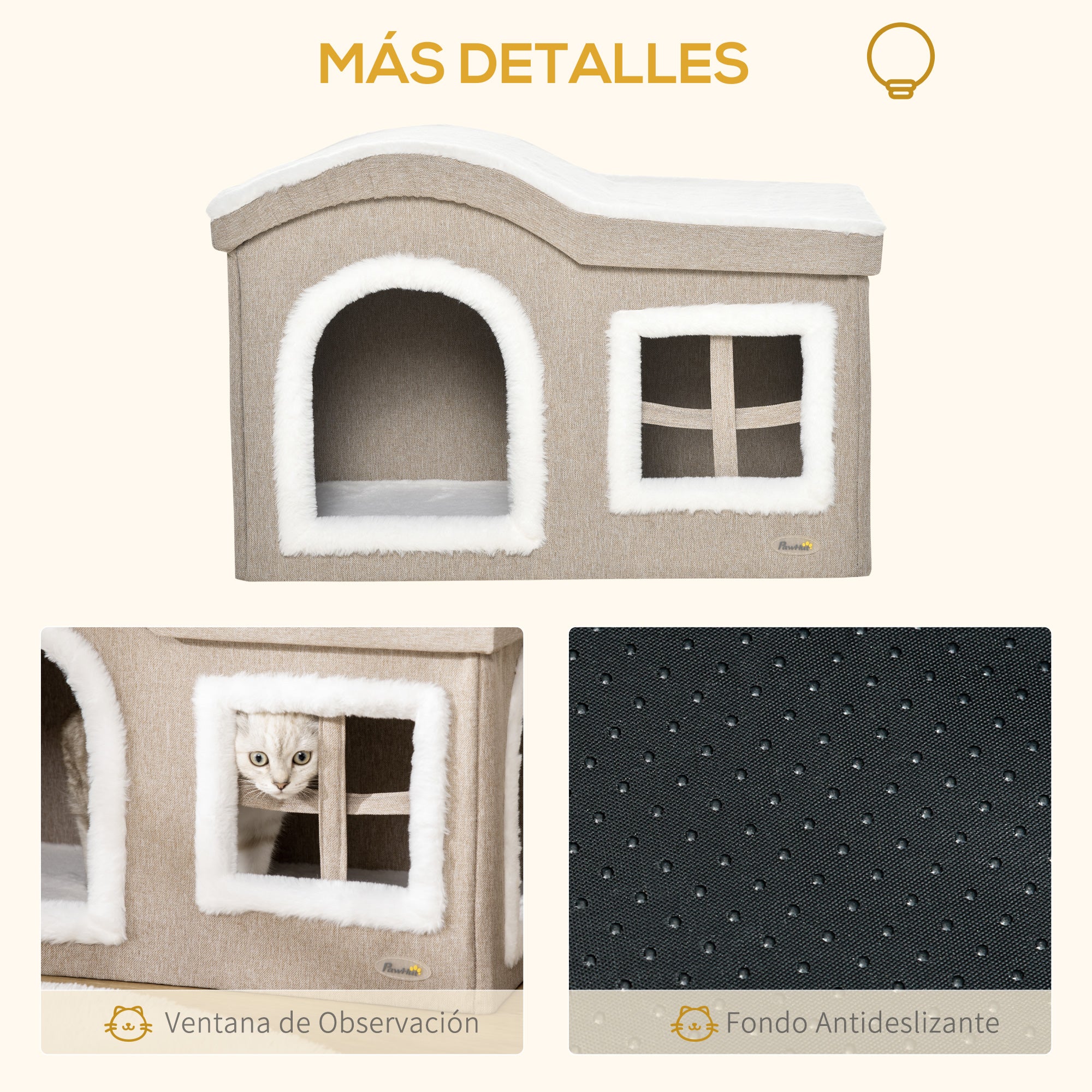 Foldable Indoor Cat House Large Cat Cave with Removable Lid Cushions 2 Entrances and Window Cat Stool 63.5x37x40 cm Beige