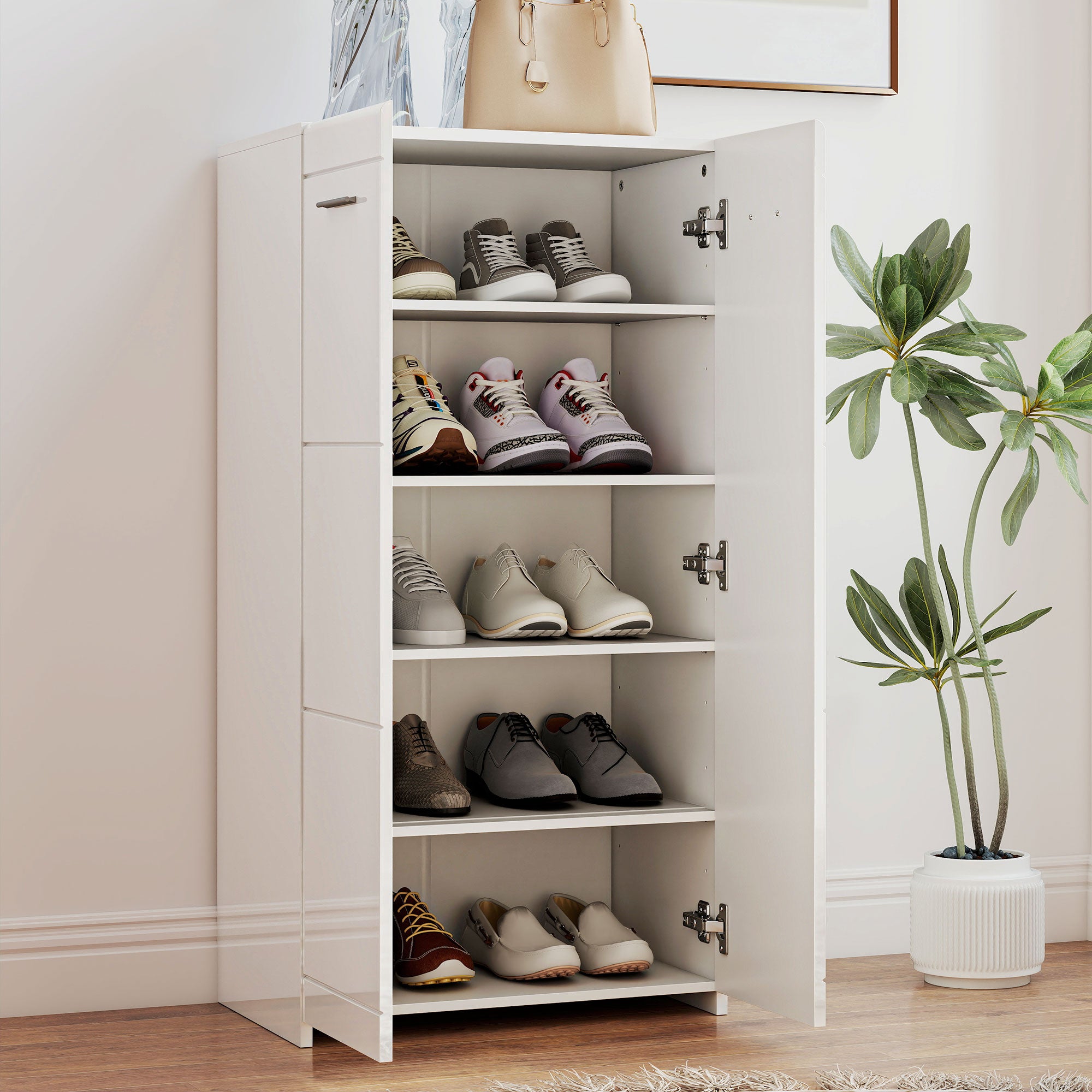 Shoe Cabinet, 2-Door 5-Tier Shoe Storage with Adjustable Shelves, Holds 10 Pairs, High-Gloss White, 21.7 x 14.2 x 42.5 in (55 x 36 x 108 cm)
