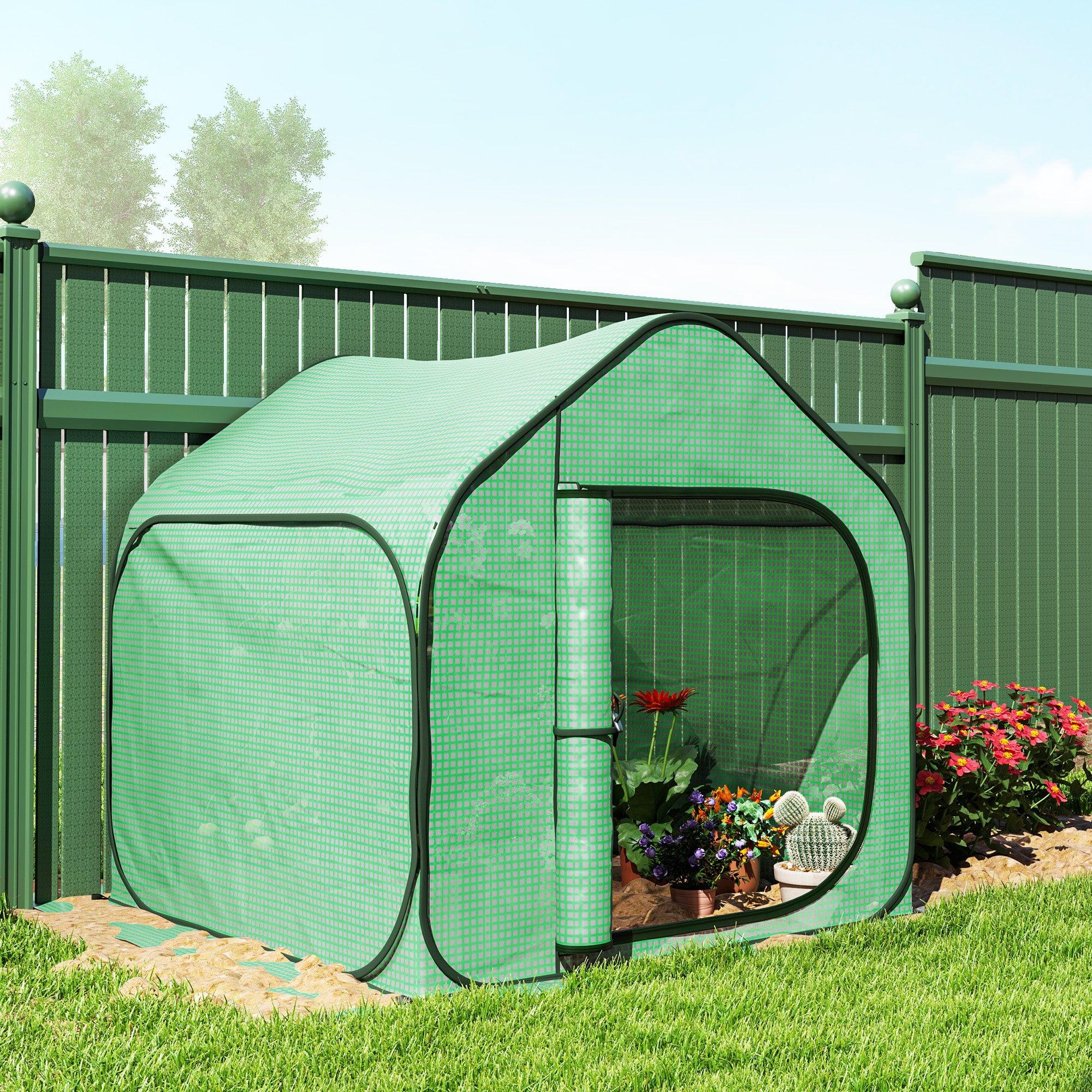 Pop-up Mini Greenhouse, Small Garden Greenhouse for Vegetables, Plants, Flowers, with Zippered Door, PE Winter Tent, for Indoor Outdoor, 150 x 148 x 148 cm, Green