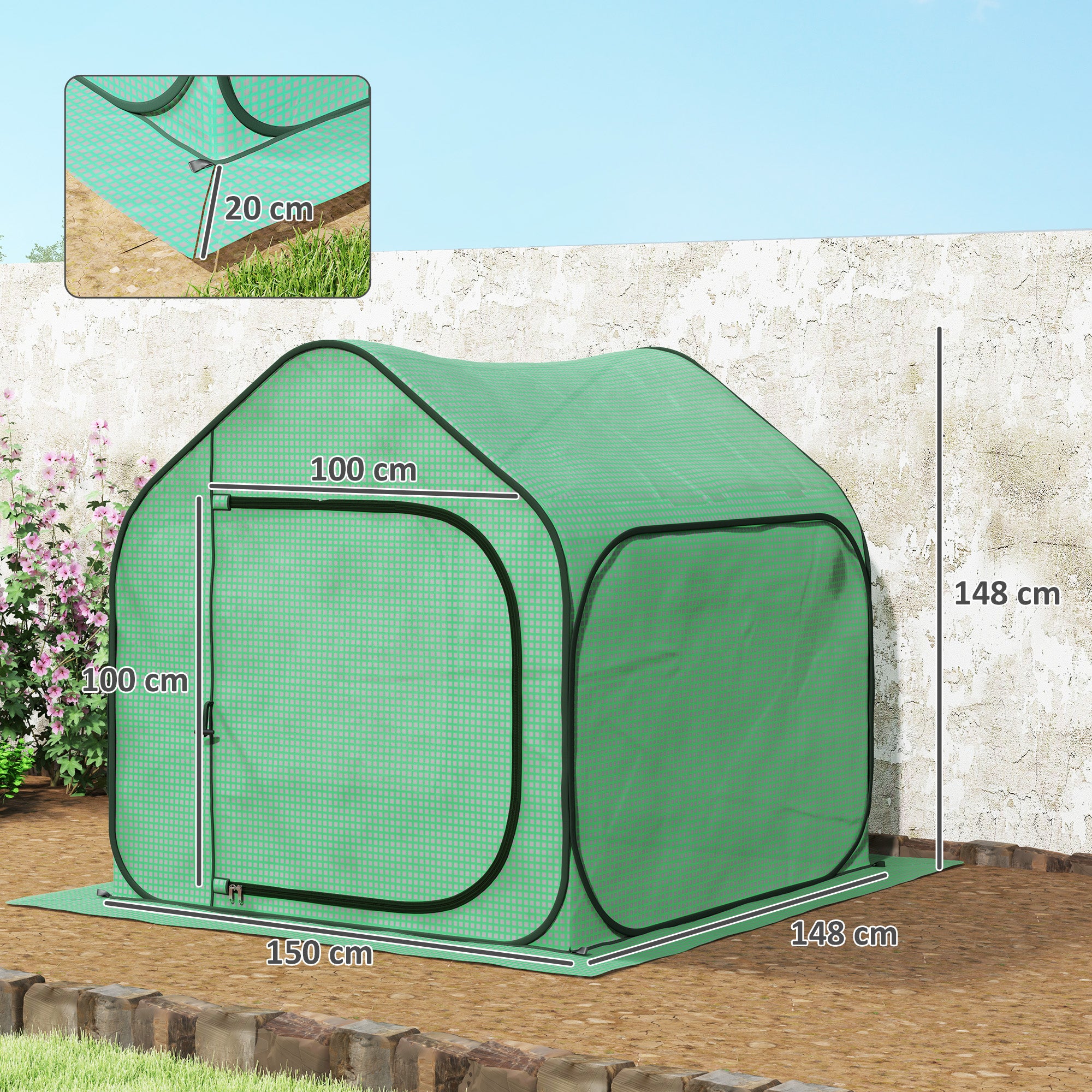 Pop-up Mini Greenhouse, Small Garden Greenhouse for Vegetables, Plants, Flowers, with Zippered Door, PE Winter Tent, for Indoor Outdoor, 150 x 148 x 148 cm, Green