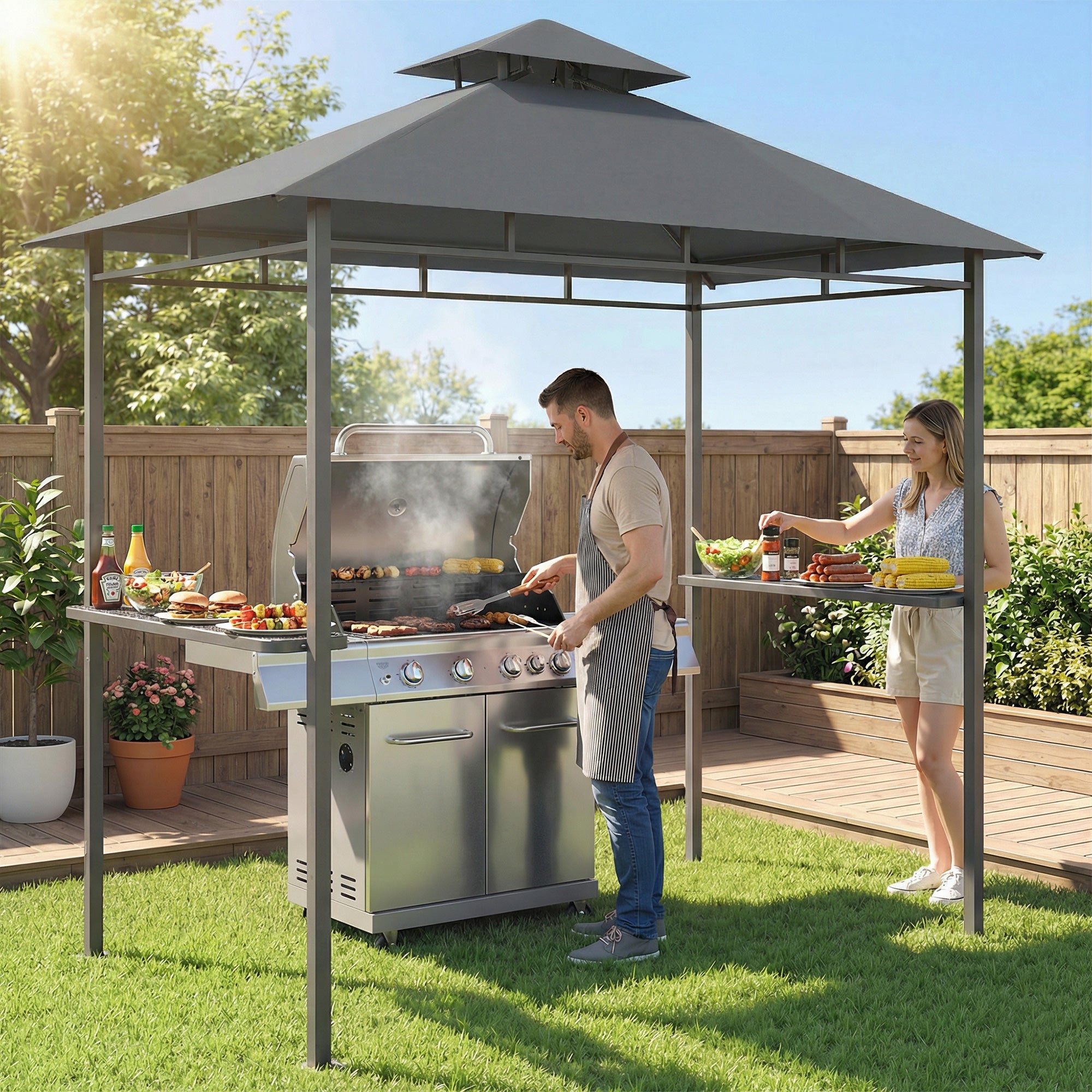 Grill Pavilion 2.4 x 1.4 m — Windproof BBQ Canopy with Double-Roof Vent, Side Shelves, UV-Resistant, Dark Gray