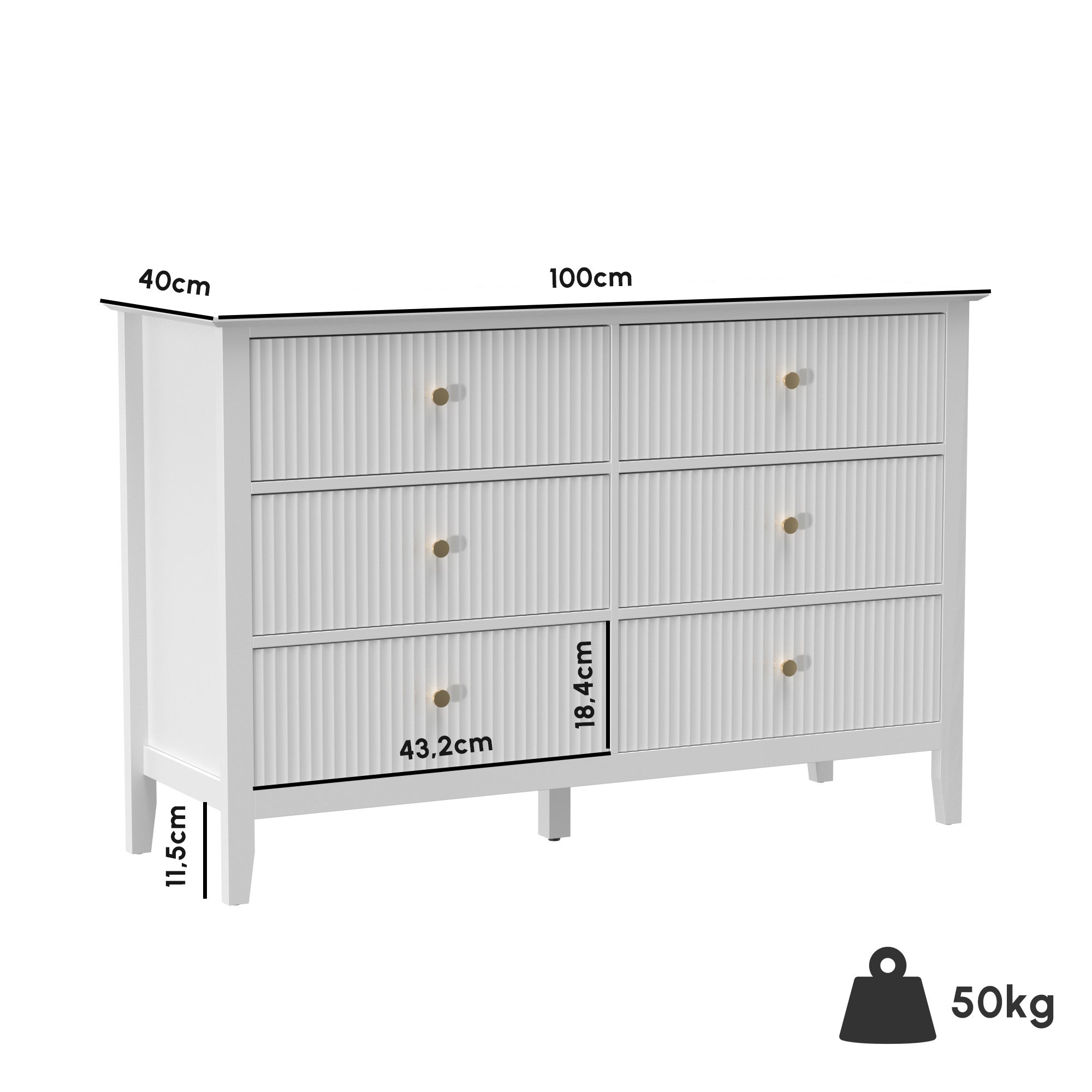 Chest of Drawers with 6 Drawers, Modern Storage Cabinet for Living Room, Bedroom or Hallway, 100 x 40 x 78 cm (39.4 x 15.7 x 30.7 in), White