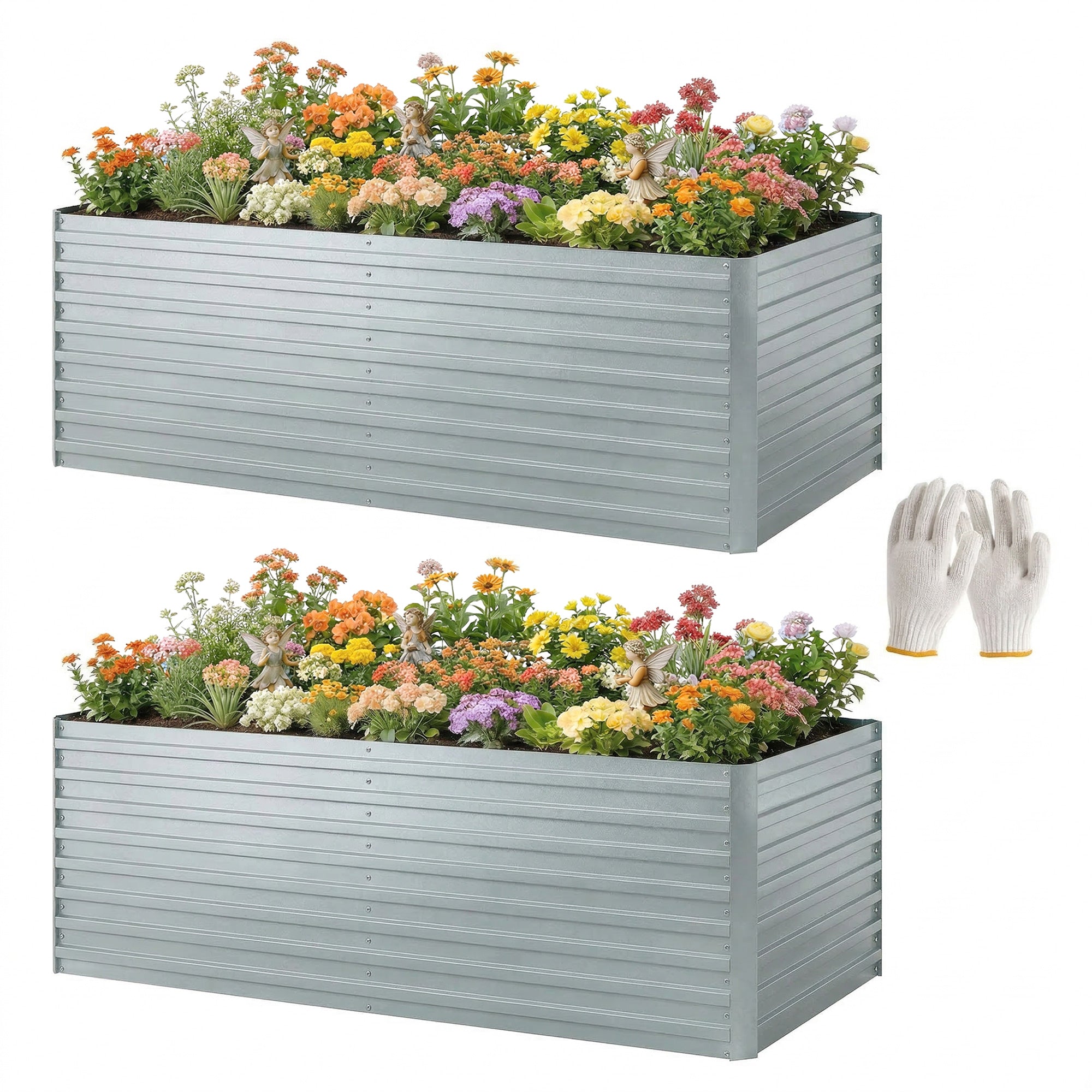 Galvanized Steel Raised Bed 2-Pack 180 x 90 x 60 cm (71 x 35 x 24 in) — Rectangular Deep Planters with Support Rods, Open Bottom, Gloves, Raised Bed Kit for Vegetables, Fruit, Flowers, Herbs — Silver