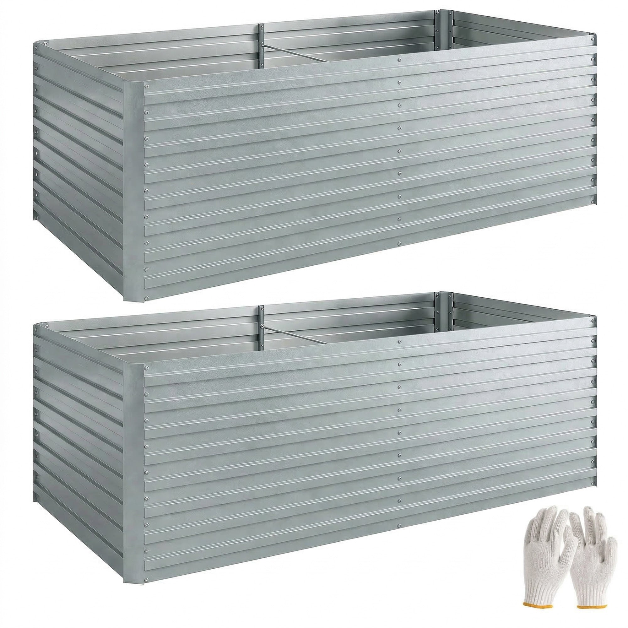 Galvanized Steel Raised Bed 2-Pack 180 x 90 x 60 cm (71 x 35 x 24 in) — Rectangular Deep Planters with Support Rods, Open Bottom, Gloves, Raised Bed Kit for Vegetables, Fruit, Flowers, Herbs — Silver