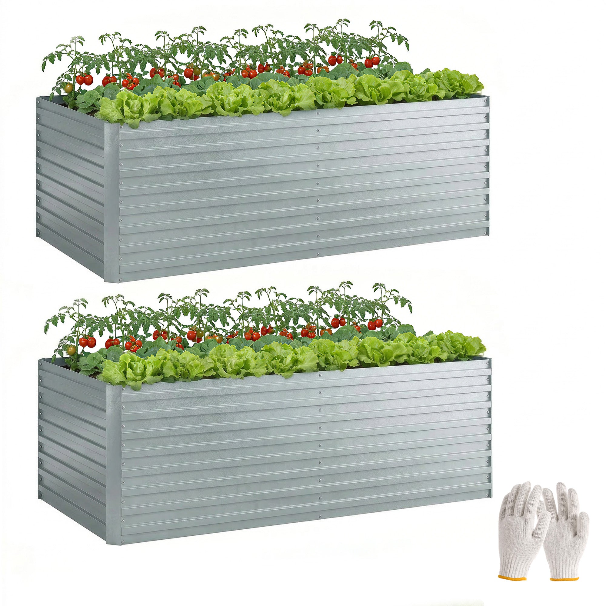 Galvanized Steel Raised Bed 2-Pack 180 x 90 x 60 cm (71 x 35 x 24 in) — Rectangular Deep Planters with Support Rods, Open Bottom, Gloves, Raised Bed Kit for Vegetables, Fruit, Flowers, Herbs — Silver
