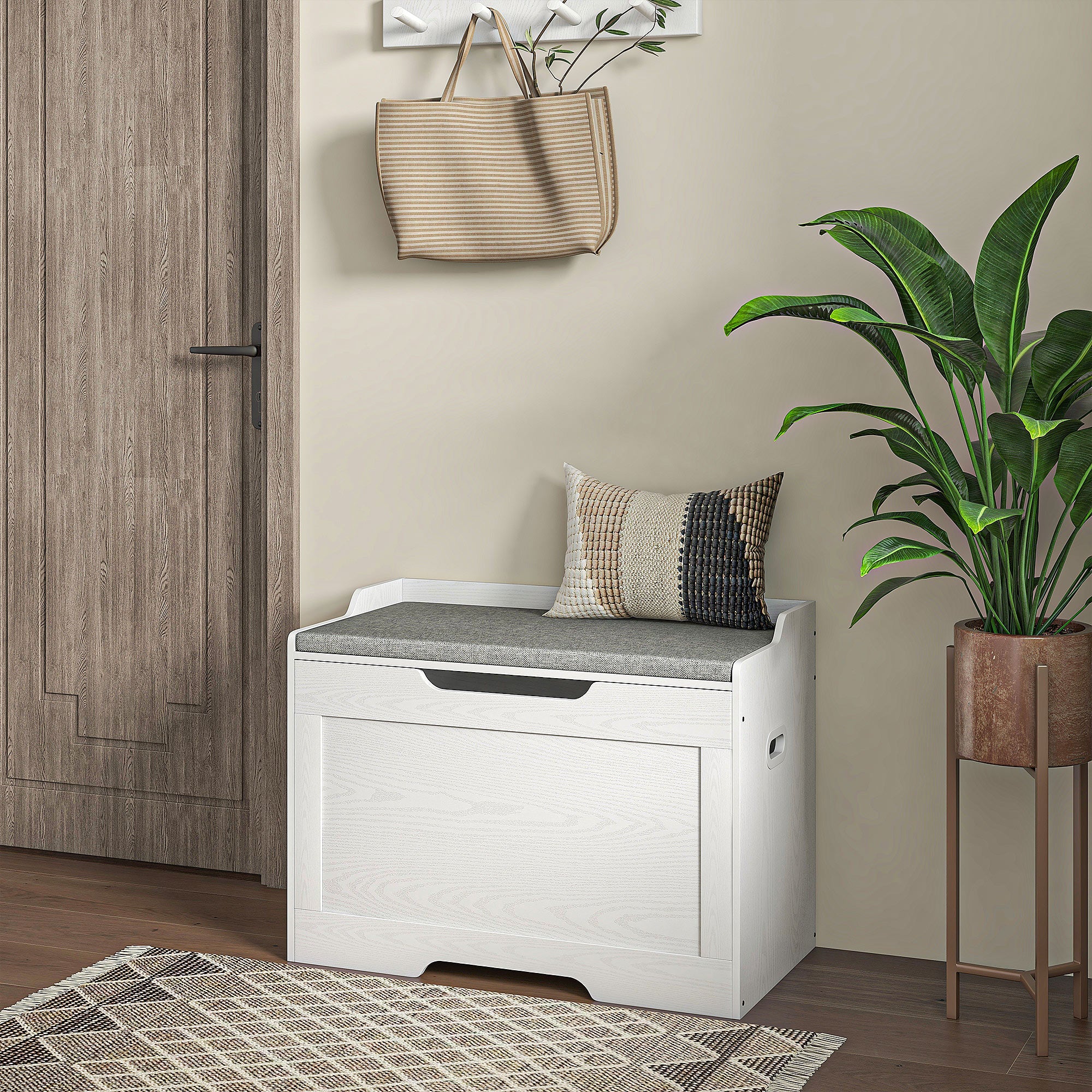 Chest Bench with Storage, Storage Bench with Lid and Seat Cushion, Chest Bench, Seat Chest for Hallway, Bedroom, Living Room, 75cm x 40cm x 56 cm, White