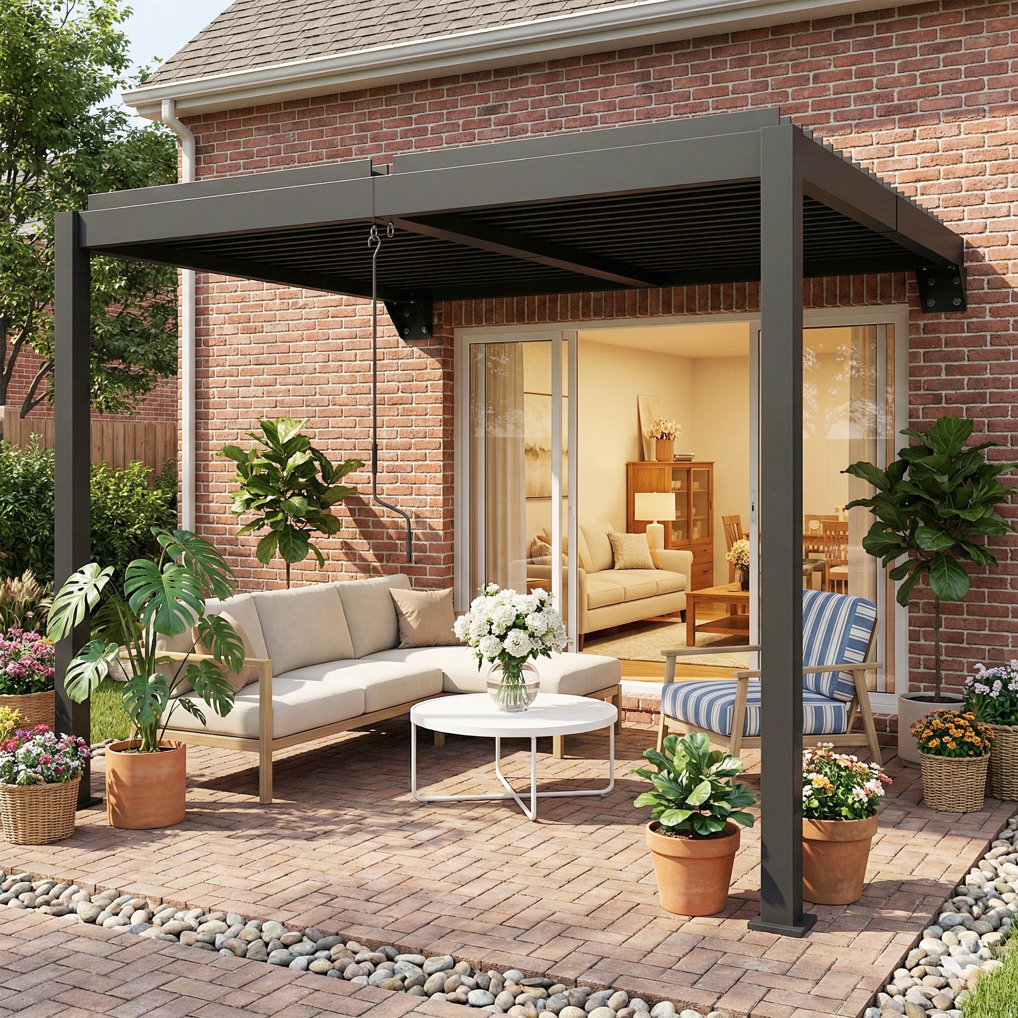 Approx. 3 x 3 m Aluminum Wall-Mounted Louvered Pergola — Adjustable Slatted Roof, Weatherproof, Stable Patio Canopy, Garden Pavilion, Dark Gray