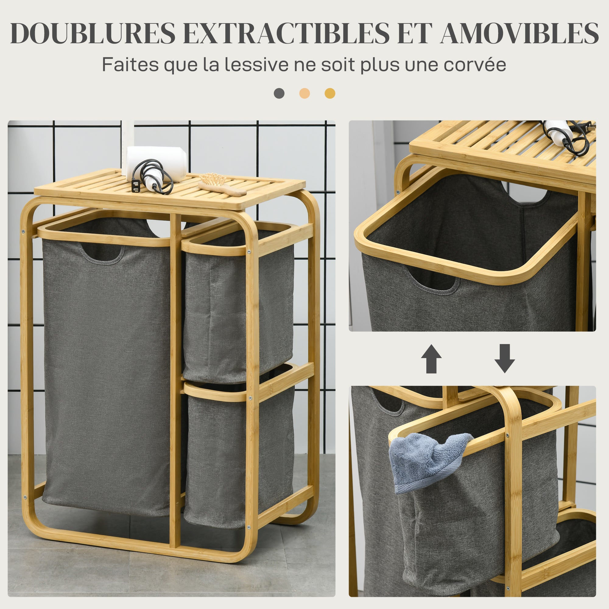 Bamboo Laundry Basket Storage Basket Laundry Basket with 3 Removable and Sliding Non-woven Fabric Baskets - 49L x 33W x 70H cm Gray