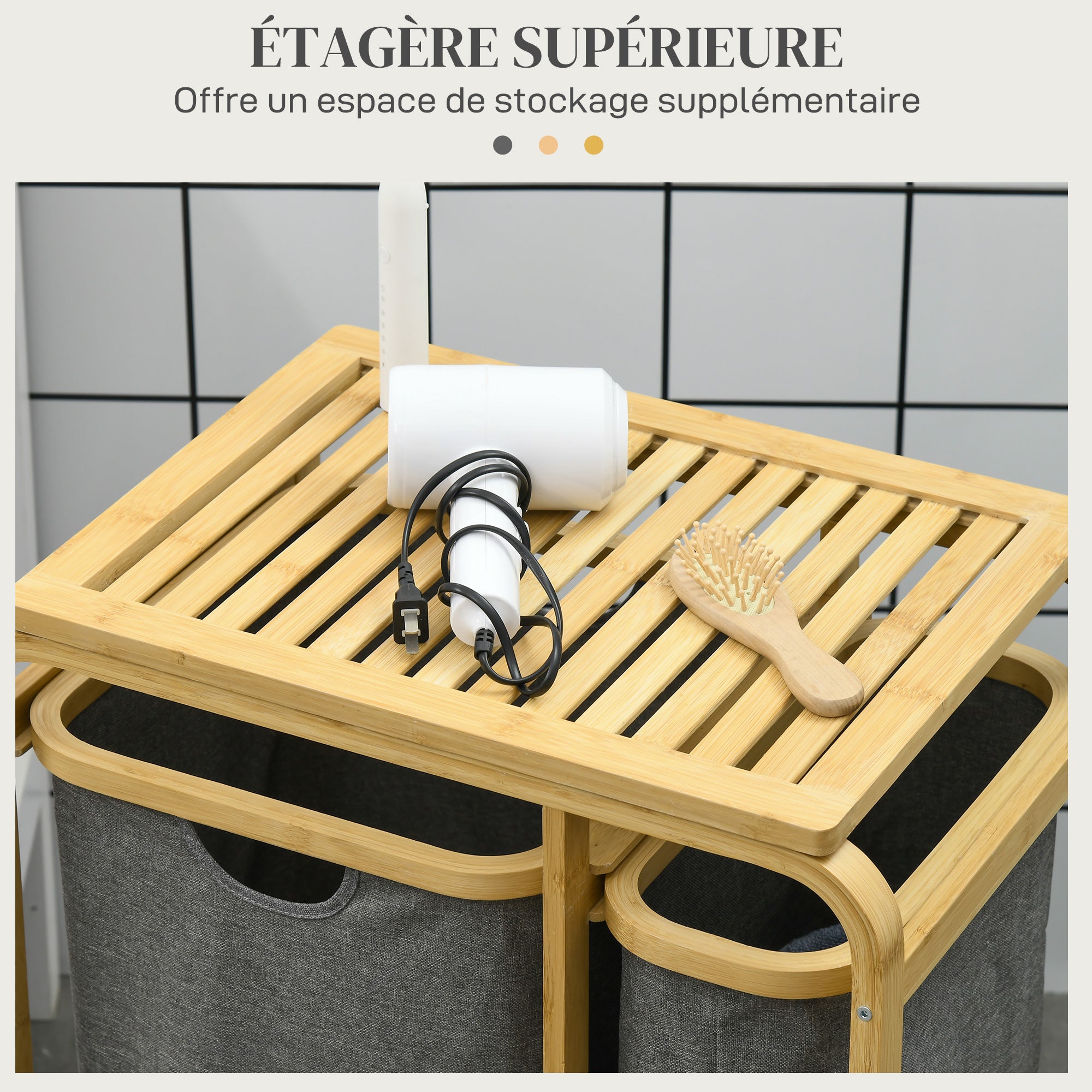 Bamboo Laundry Basket Storage Basket Laundry Basket with 3 Removable and Sliding Non-woven Fabric Baskets - 49L x 33W x 70H cm Gray