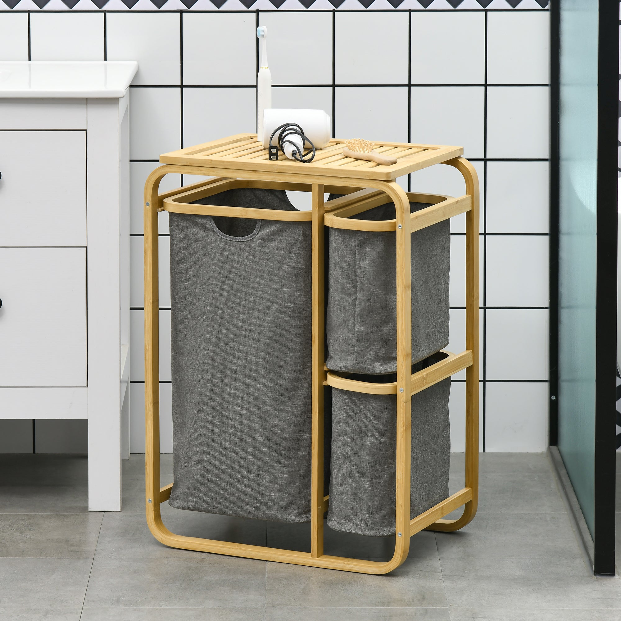 Bamboo Laundry Basket Storage Basket Laundry Basket with 3 Removable and Sliding Non-woven Fabric Baskets - 49L x 33W x 70H cm Gray