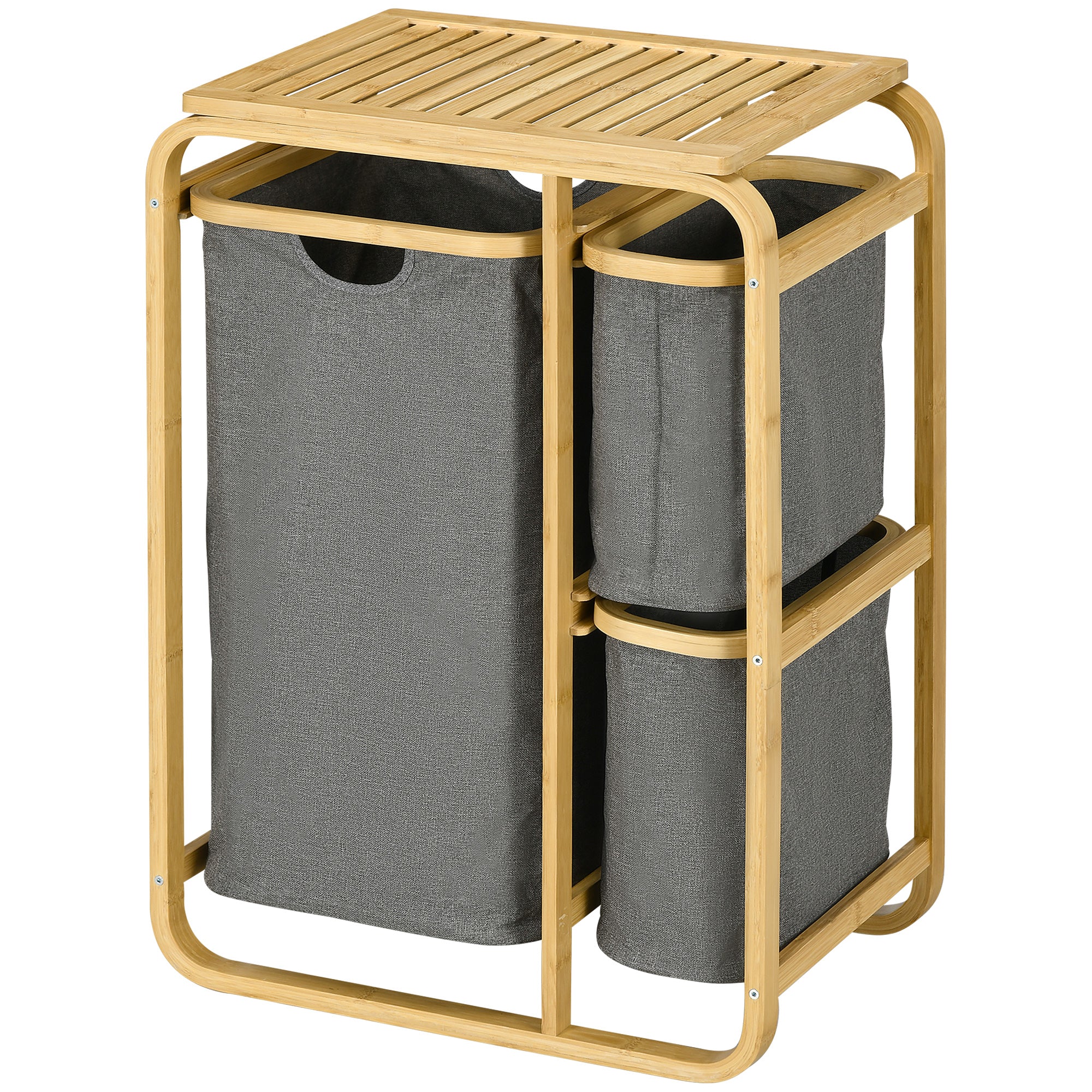 Bamboo Laundry Basket Storage Basket Laundry Basket with 3 Removable and Sliding Non-woven Fabric Baskets - 49L x 33W x 70H cm Gray