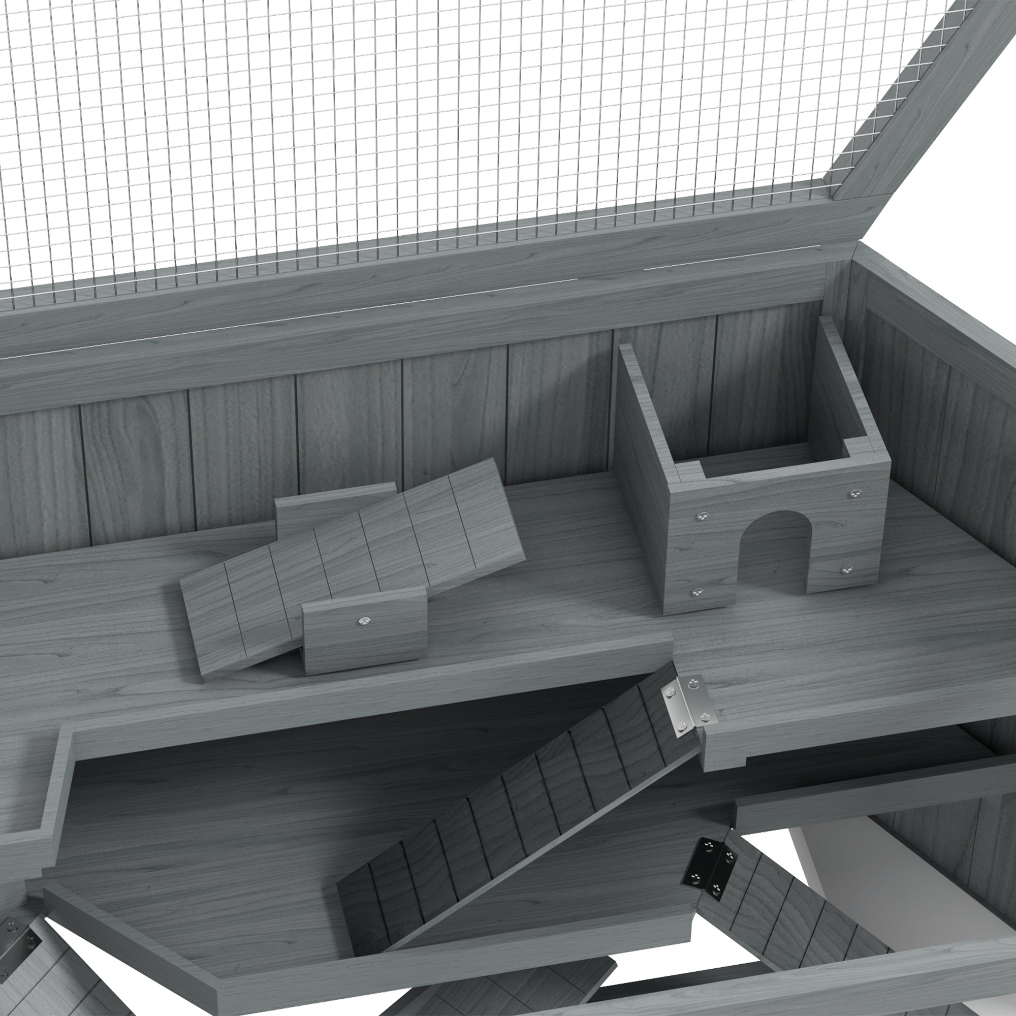 Hamster Cage made of wood 3 floors rodent enclosure small animal cage with foldable lid viewing window ramp food bowl accessories, small animal hutch wooden cage cage for hamster 115x60x55cm Gray