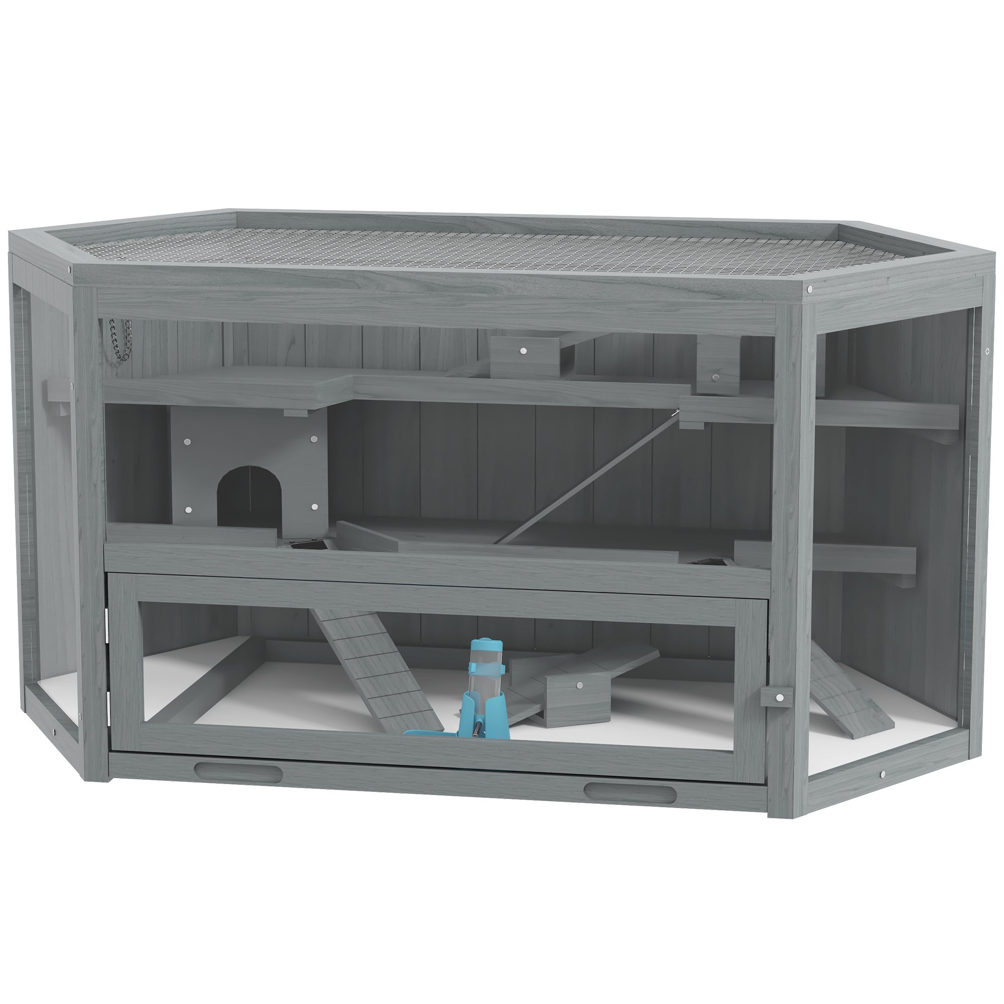 Hamster Cage made of wood 3 floors rodent enclosure small animal cage with foldable lid viewing window ramp food bowl accessories, small animal hutch wooden cage cage for hamster 115x60x55cm Gray