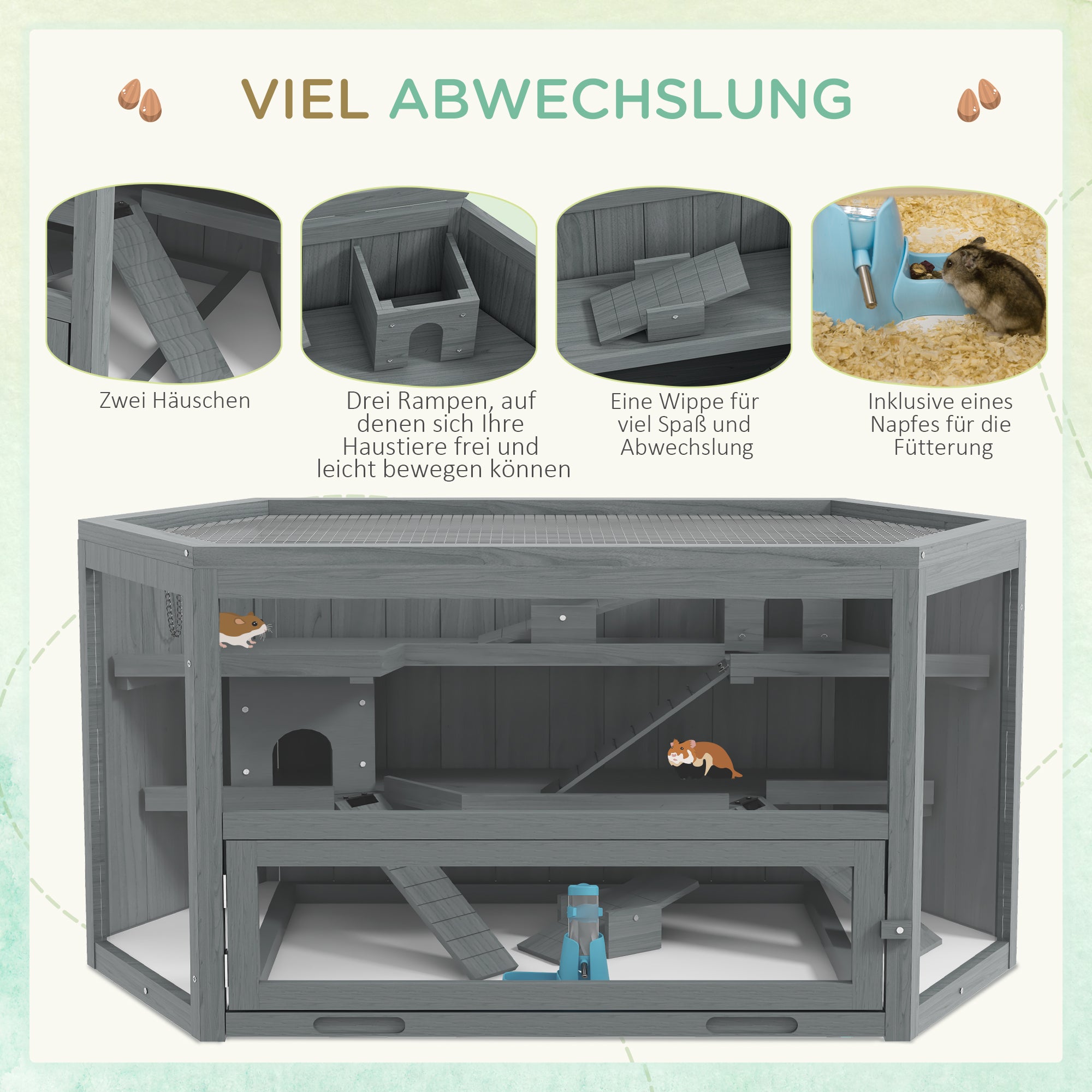 Hamster Cage made of wood 3 floors rodent enclosure small animal cage with foldable lid viewing window ramp food bowl accessories, small animal hutch wooden cage cage for hamster 115x60x55cm Gray
