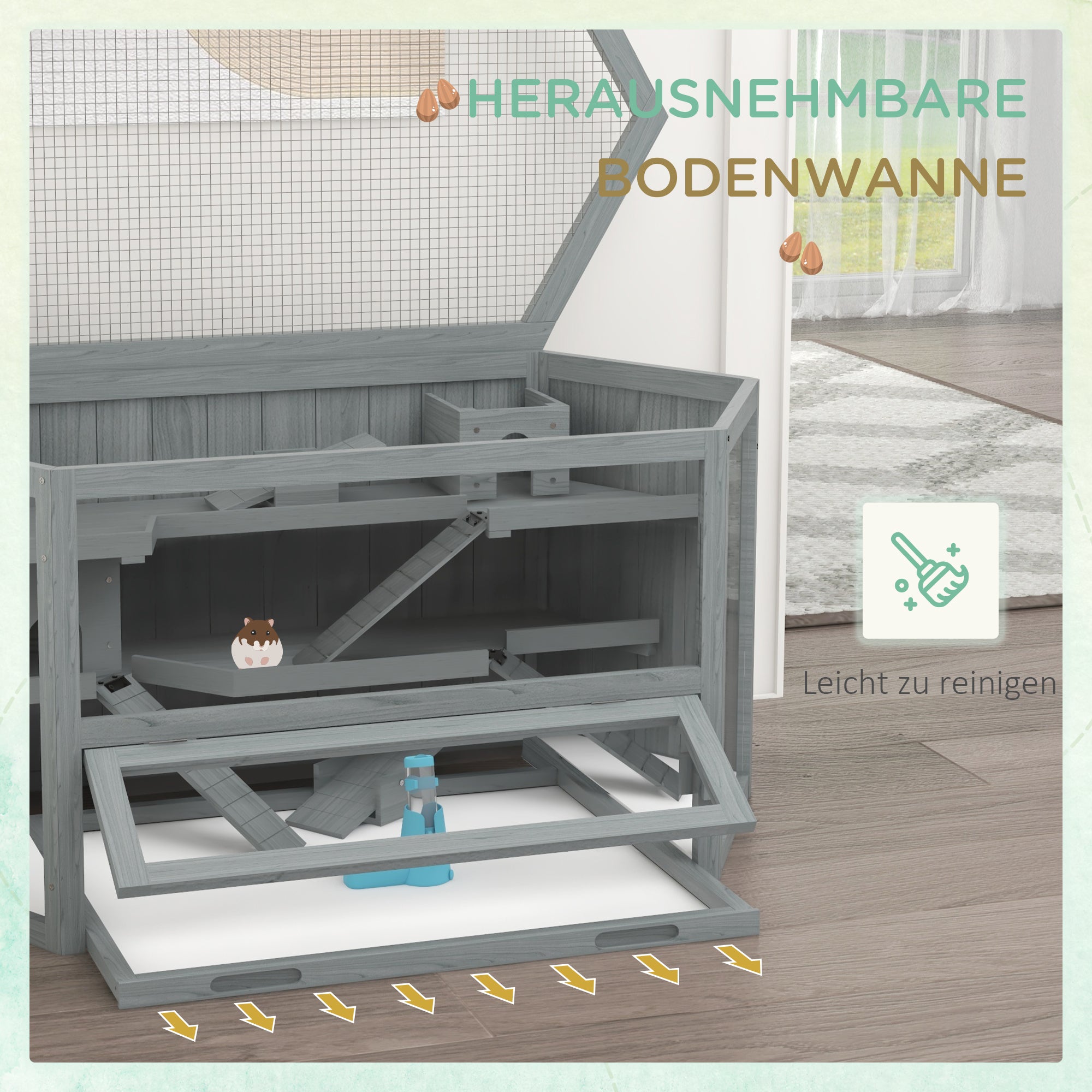 Hamster Cage made of wood 3 floors rodent enclosure small animal cage with foldable lid viewing window ramp food bowl accessories, small animal hutch wooden cage cage for hamster 115x60x55cm Gray