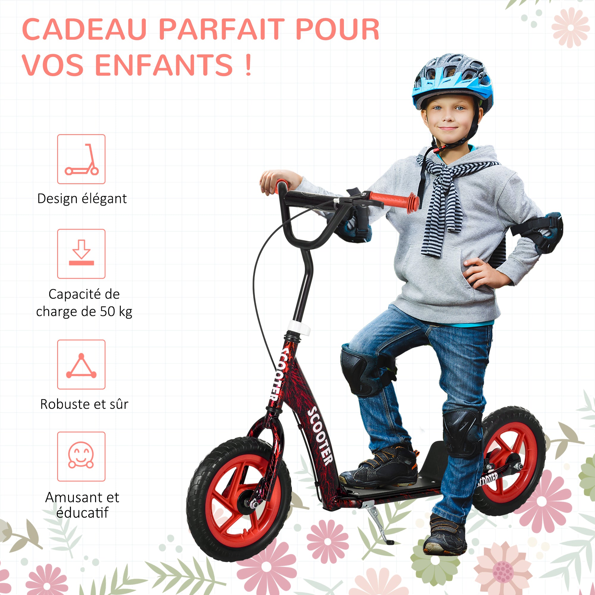 Kids Scooter Scooter Child Large Wheels from 6 to 12 years Adjustable Height Red Rear Brake Kickstand