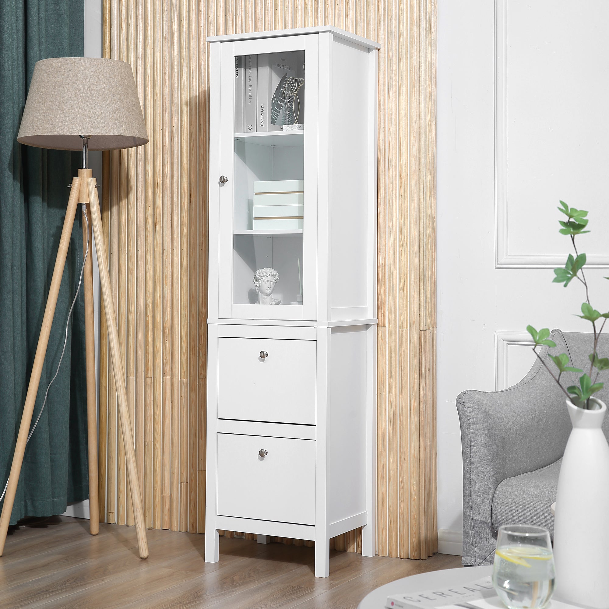 High Bathroom Cabinet Column Furniture with 1 Glass Door Adjustable Shelves and 2 Drawers Multi-Purpose for Living Room Kitchen 17x13.8x63 inches White