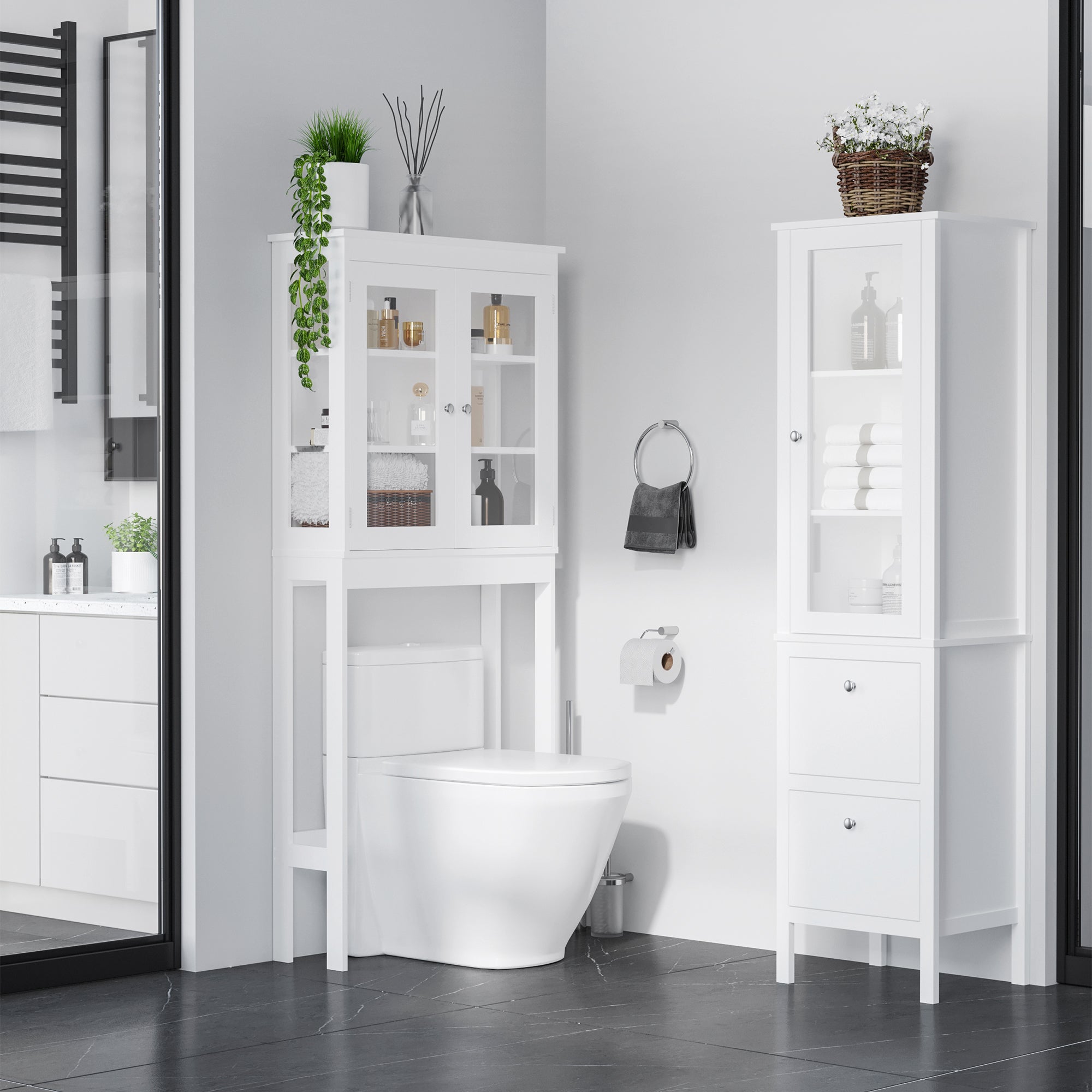 High Bathroom Cabinet Column Furniture with 1 Glass Door Adjustable Shelves and 2 Drawers Multi-Purpose for Living Room Kitchen 17x13.8x63 inches White