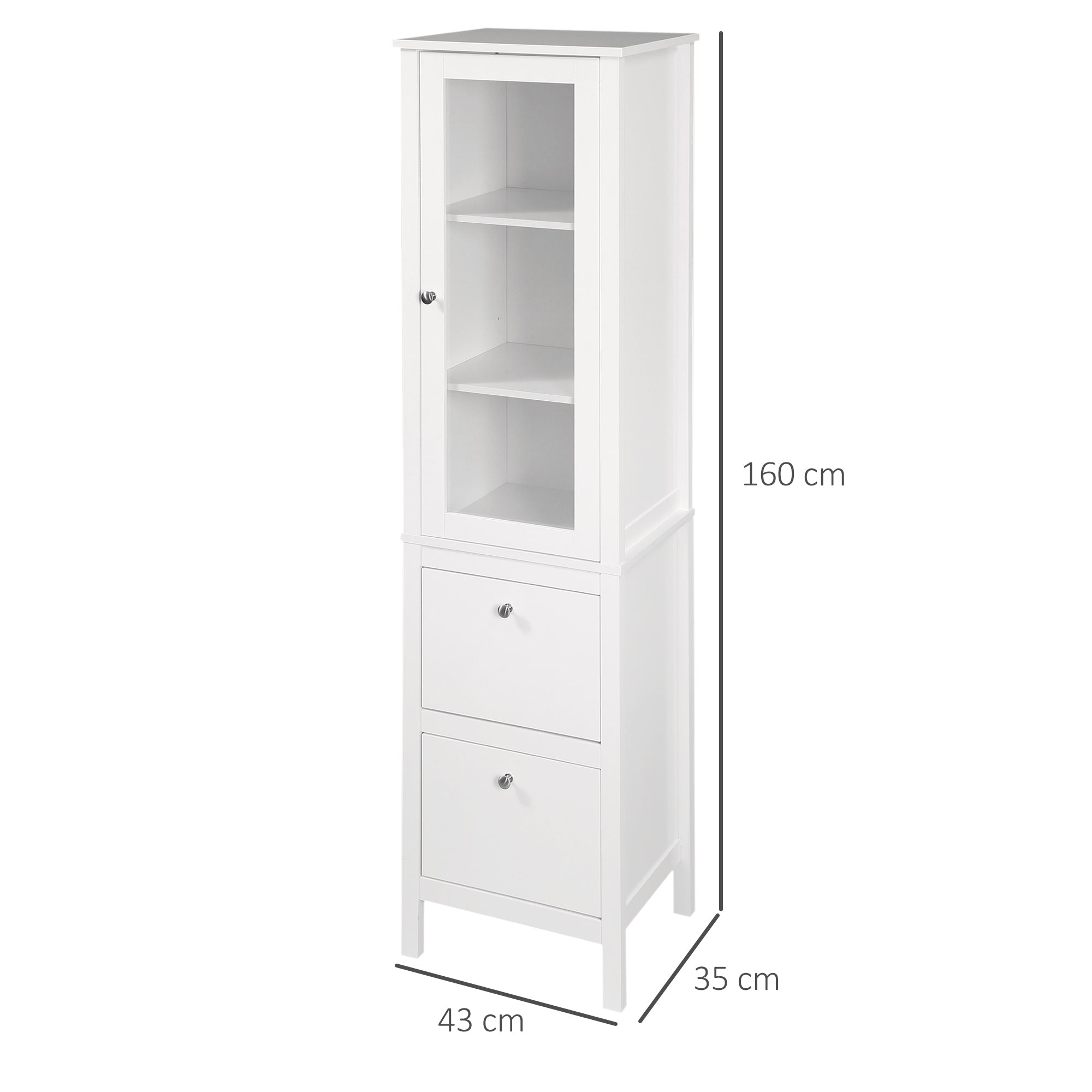 High Bathroom Cabinet Column Furniture with 1 Glass Door Adjustable Shelves and 2 Drawers Multi-Purpose for Living Room Kitchen 17x13.8x63 inches White