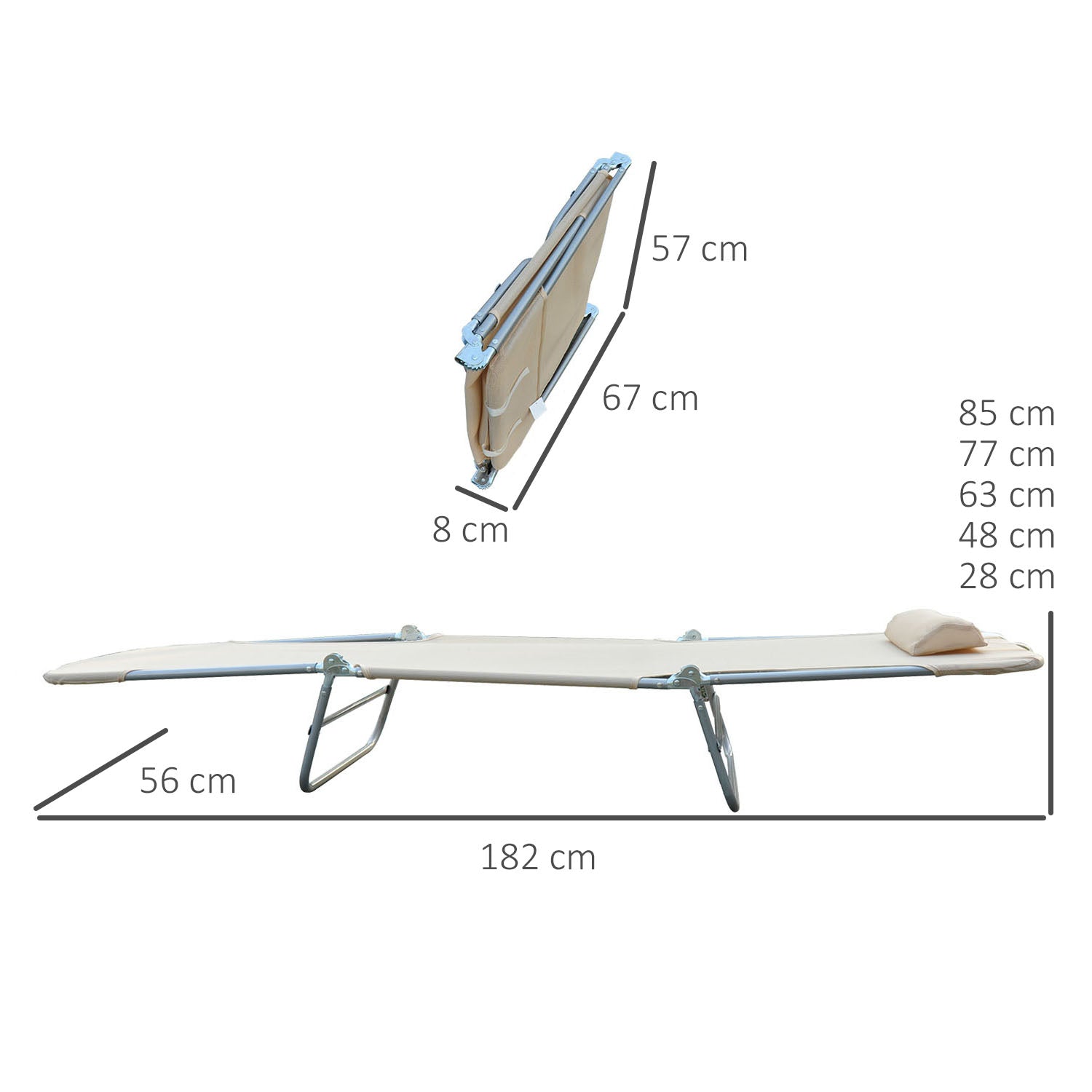 Set of 2 Foldable Sun Loungers with 4-Level Reclining Backrest, Steel and Mesh Fabric Garden Recliner, Beige