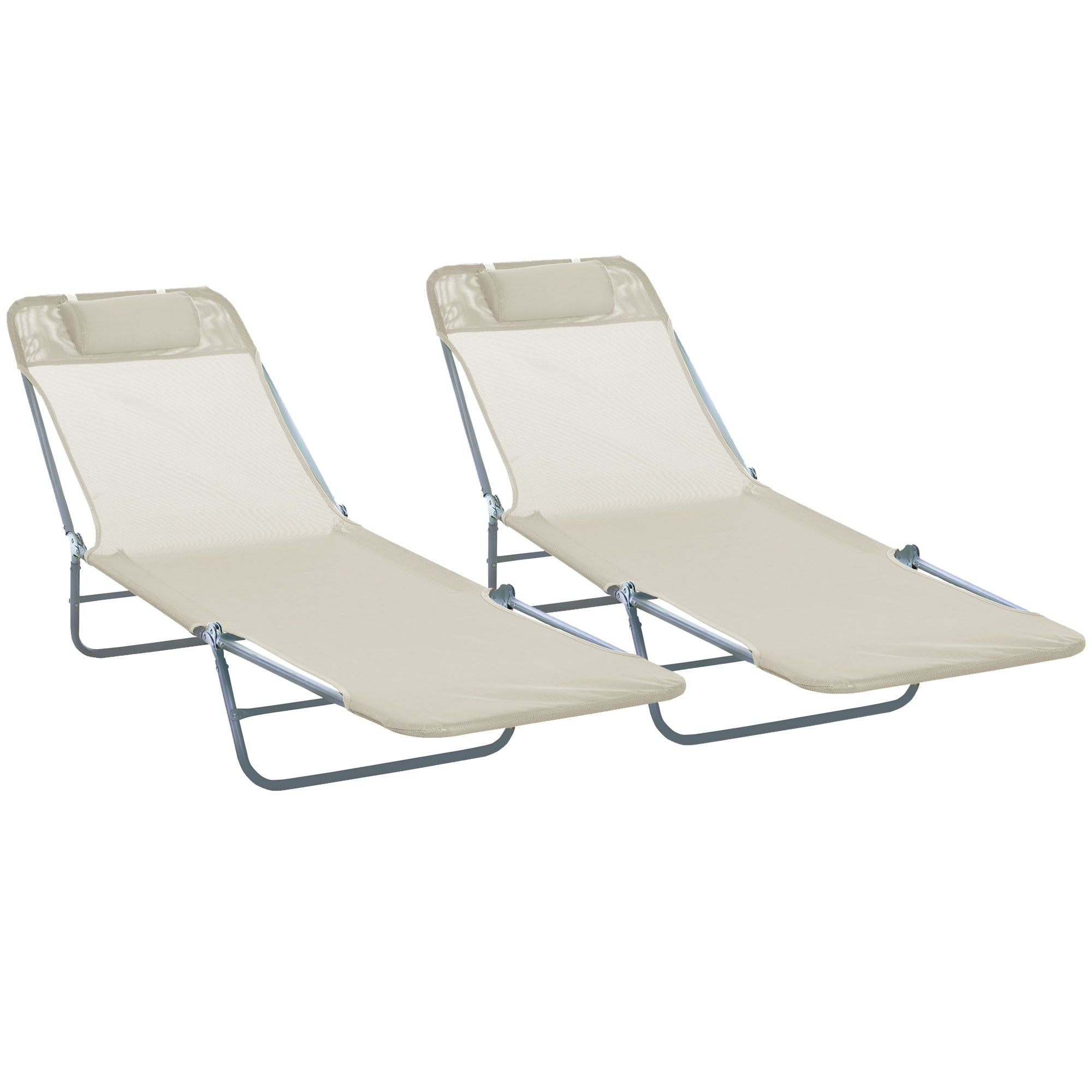 Set of 2 Foldable Sun Loungers with 4-Level Reclining Backrest, Steel and Mesh Fabric Garden Recliner, Beige