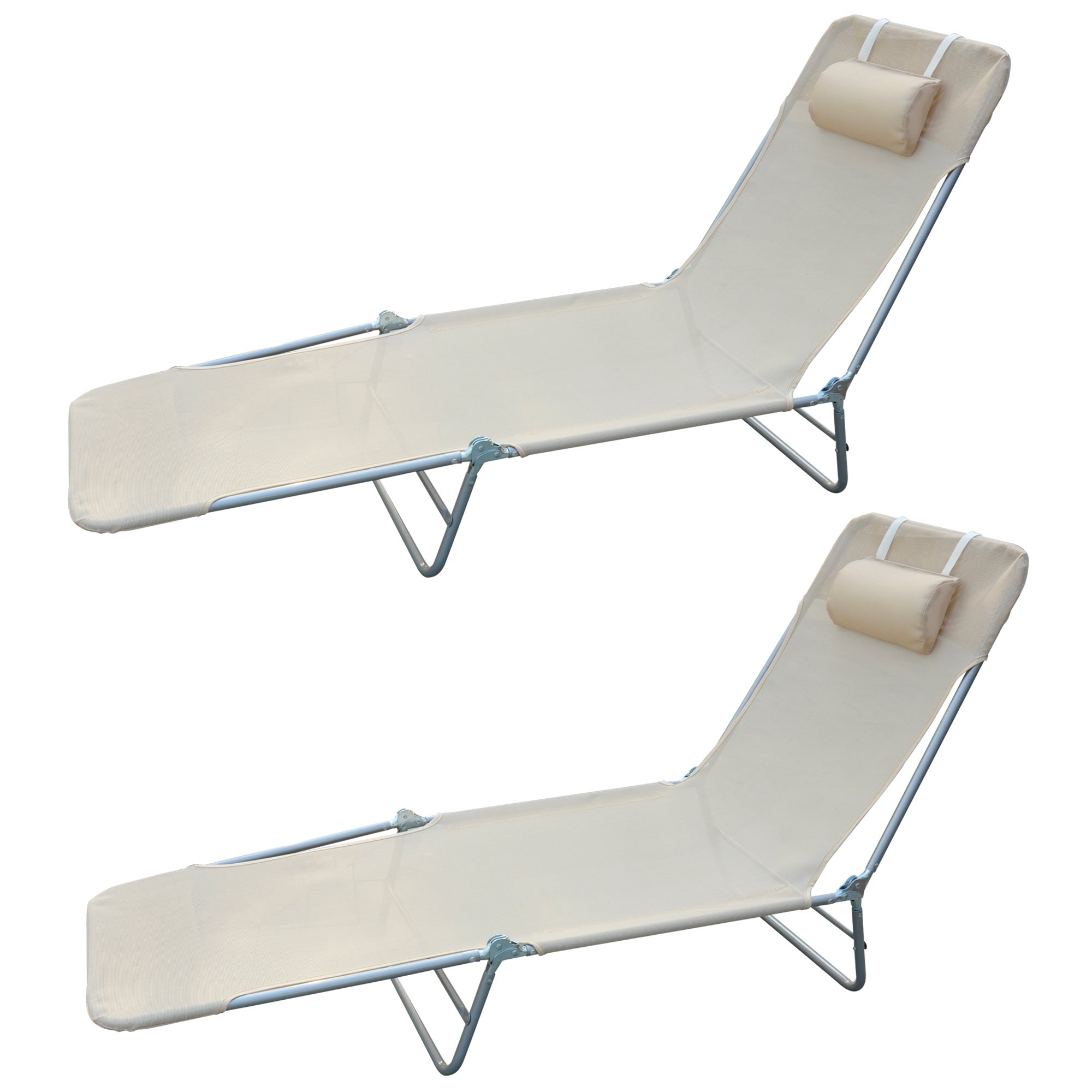 Set of 2 Foldable Sun Loungers with 4-Level Reclining Backrest, Steel and Mesh Fabric Garden Recliner, Beige