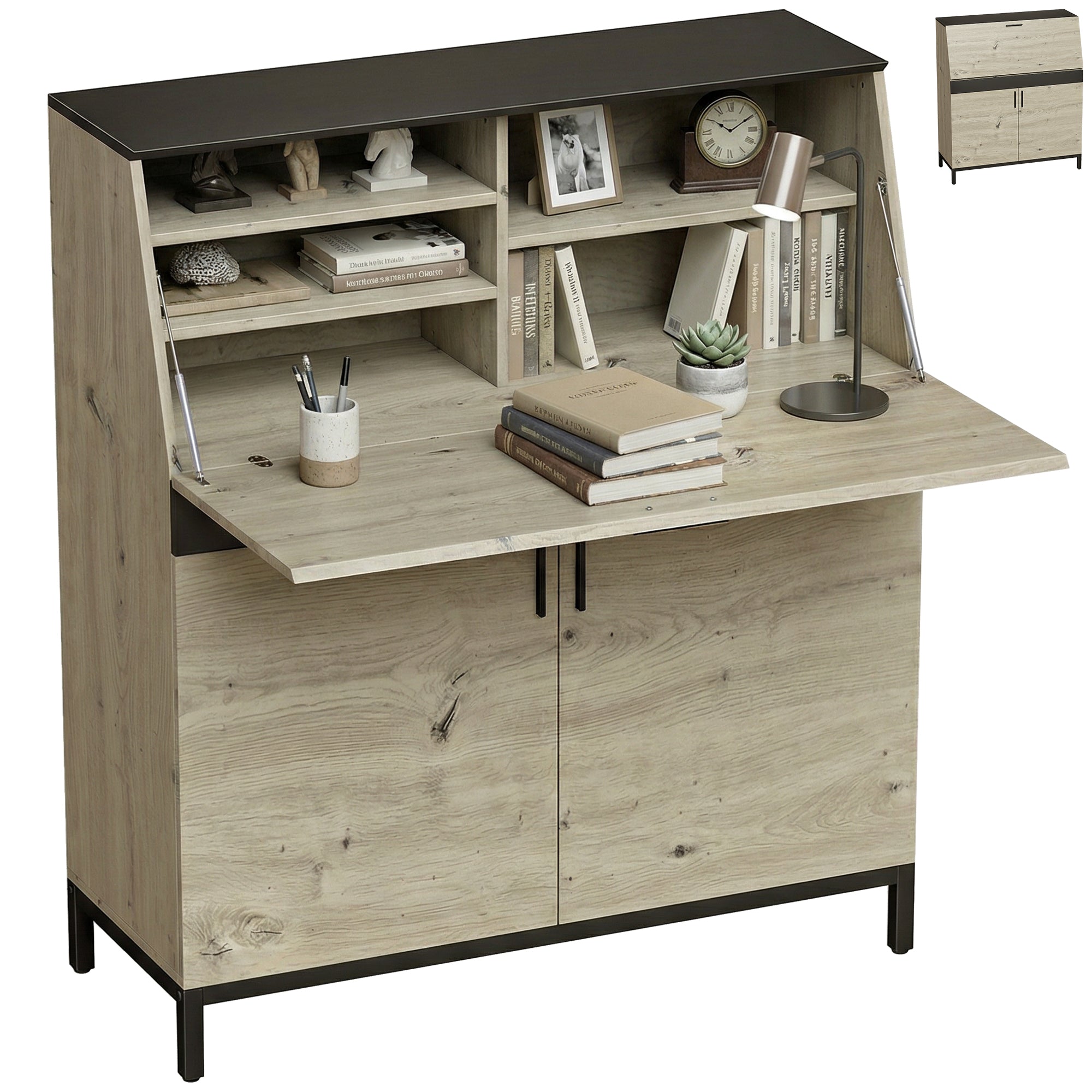 Secretary Desk 100 cm (39.4") — Modern Industrial Computer Desk with Shelves & Cabinet, Office or Bedroom, Natural Wood & Black