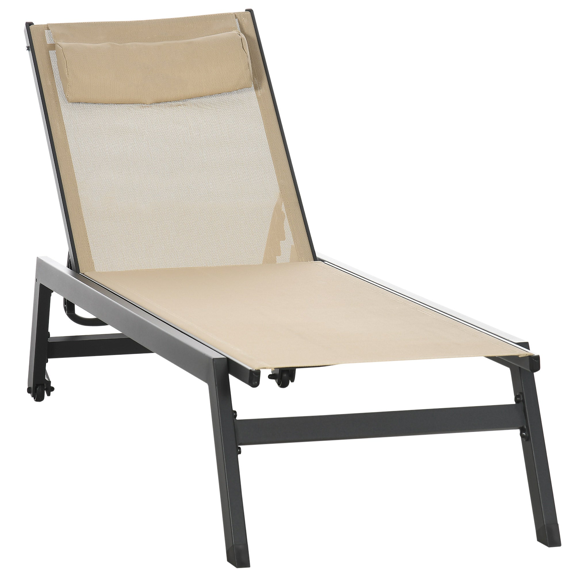 Aluminum and Textilene Sun Lounger with Wheels and Adjustable Multi-Position Reclining Backrest in Khaki