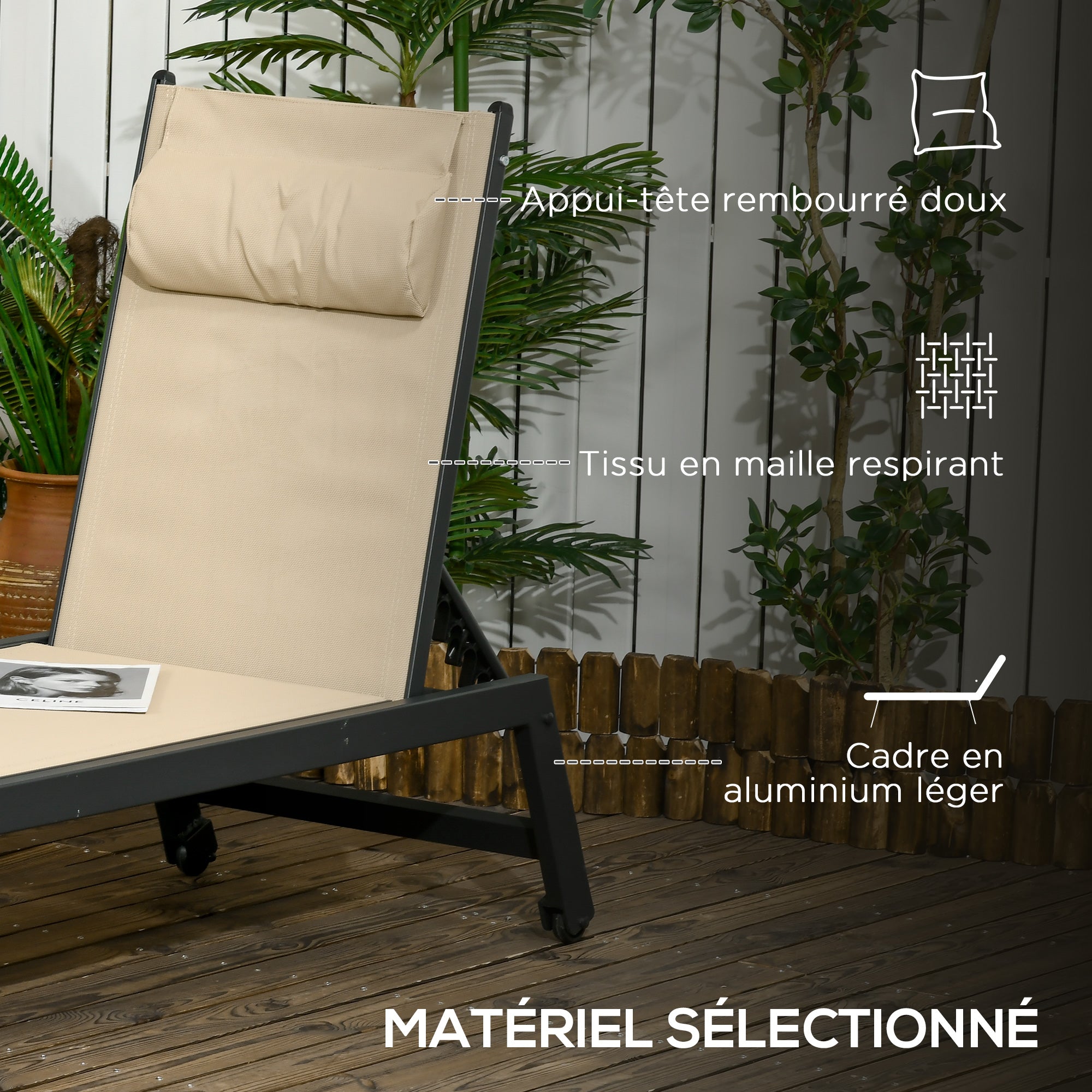 Aluminum and Textilene Sun Lounger with Wheels and Adjustable Multi-Position Reclining Backrest in Khaki