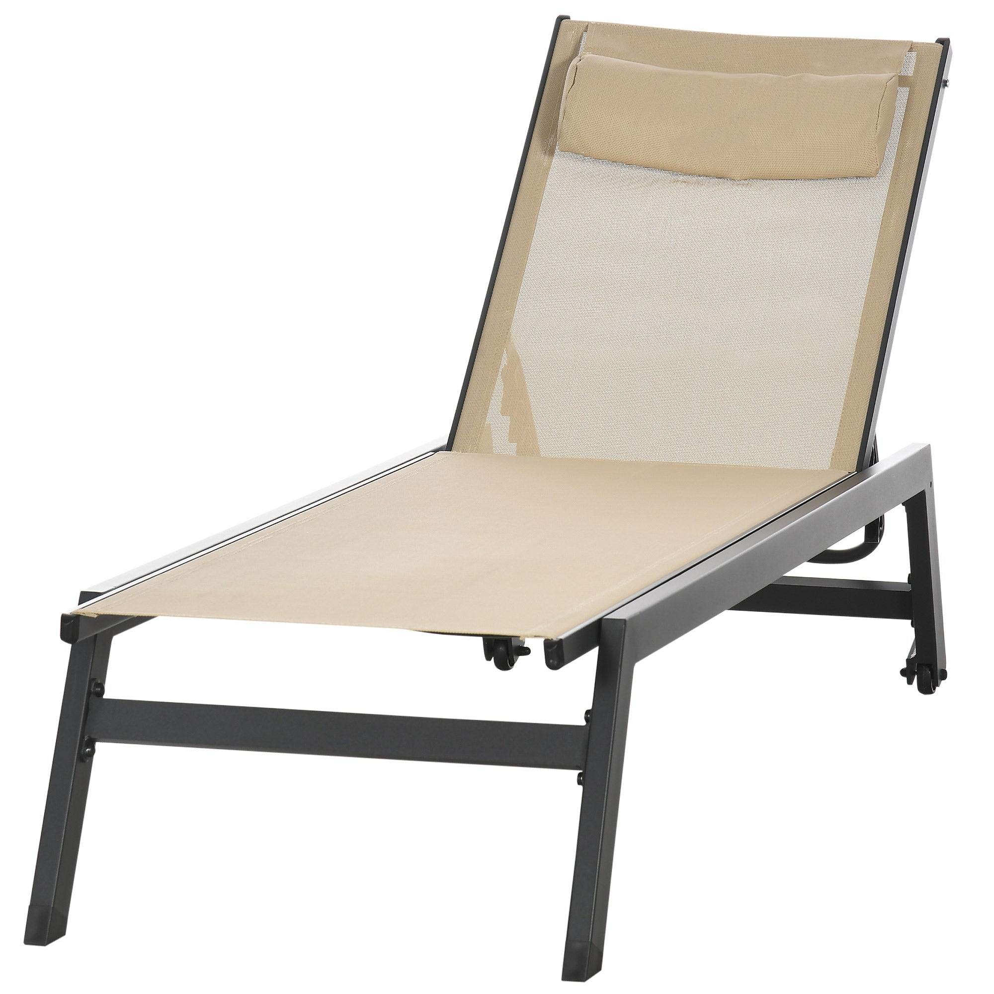 Aluminum and Textilene Sun Lounger with Wheels and Adjustable Multi-Position Reclining Backrest in Khaki