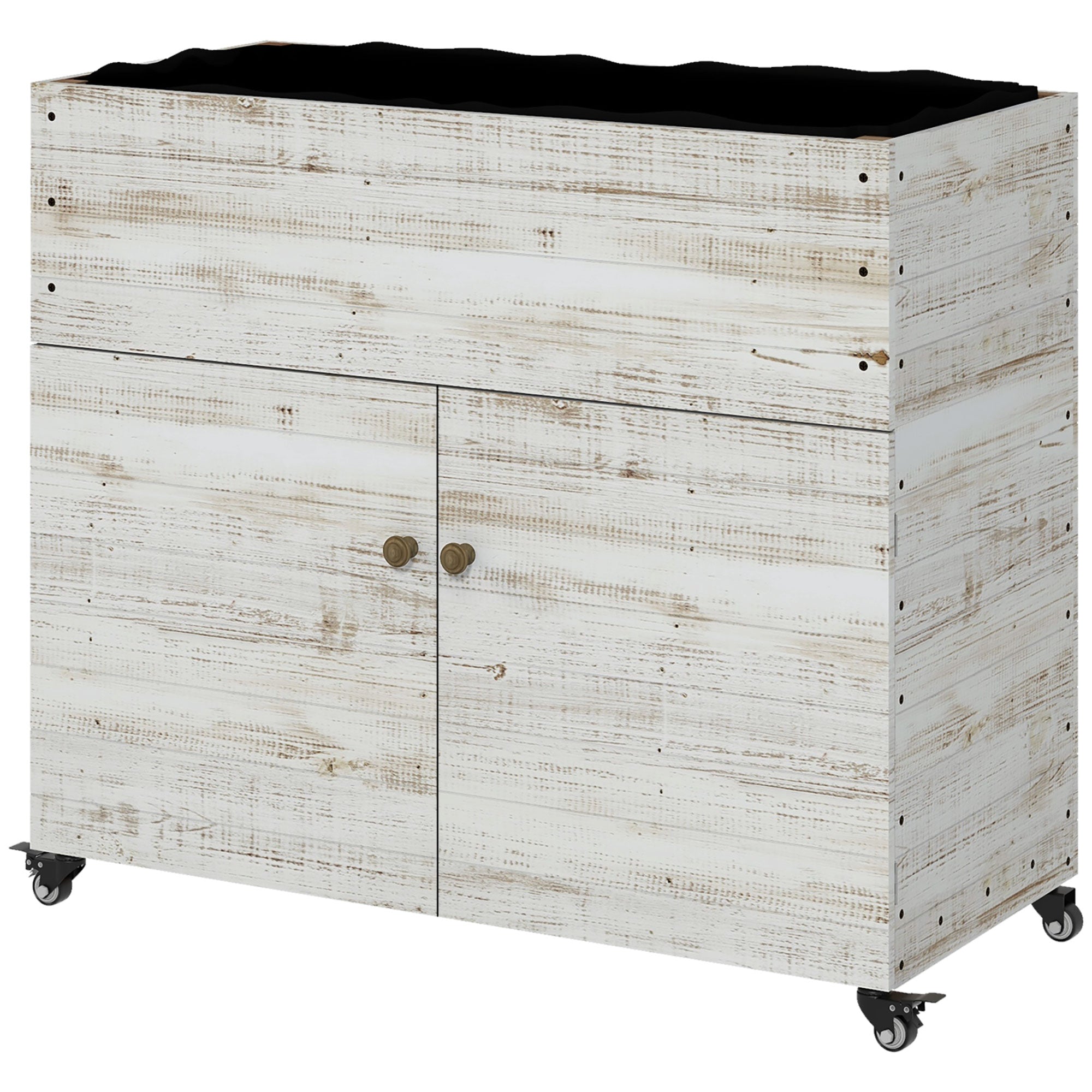 Wooden Raised Bed with Cabinet Compartment, Herb Bed with Wheels, Plant Box, Flower Box with Fleece for Garden, Balcony, 110 x 50 x 95 cm, White