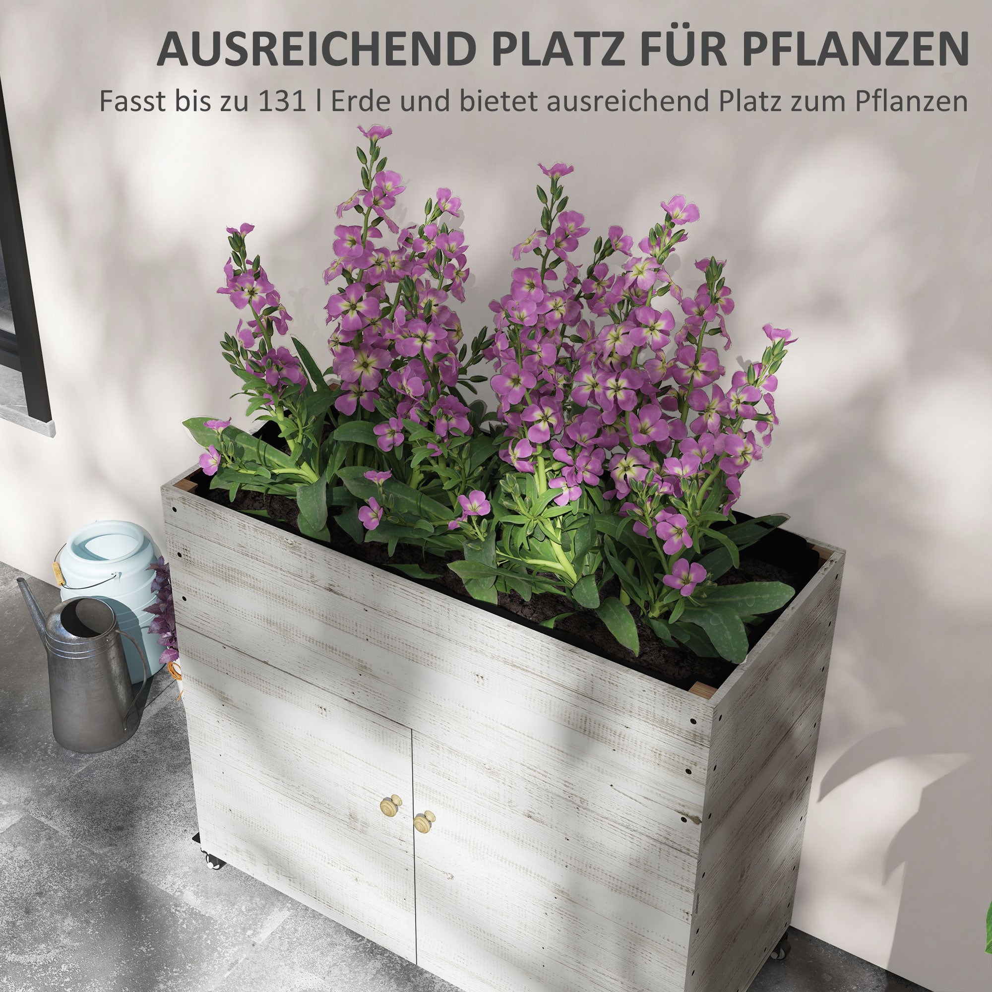 Wooden Raised Bed with Cabinet Compartment, Herb Bed with Wheels, Plant Box, Flower Box with Fleece for Garden, Balcony, 110 x 50 x 95 cm, White