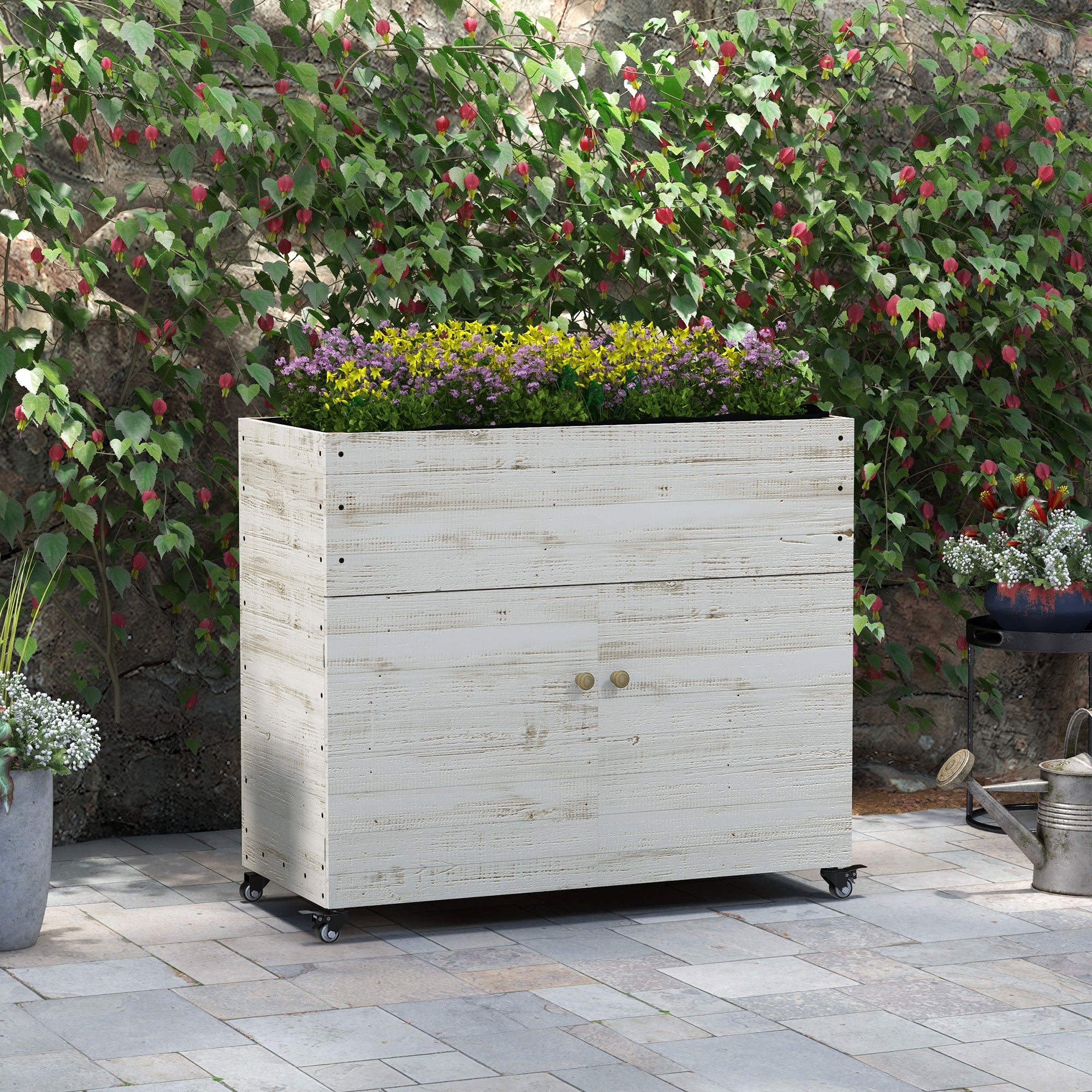 Wooden Raised Bed with Cabinet Compartment, Herb Bed with Wheels, Plant Box, Flower Box with Fleece for Garden, Balcony, 110 x 50 x 95 cm, White
