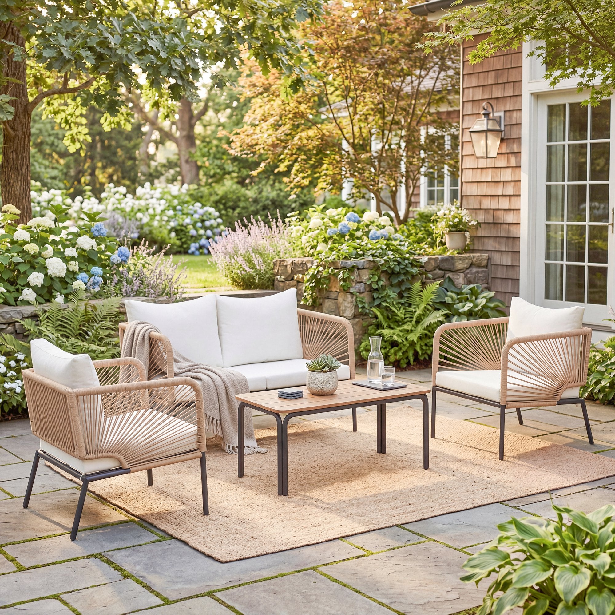 4-Piece Outdoor Patio Set – 2-Seat Sofa, 2 Armchairs & WPC Coffee Table, Rope-Style PE Rattan, Padded Cushions, White