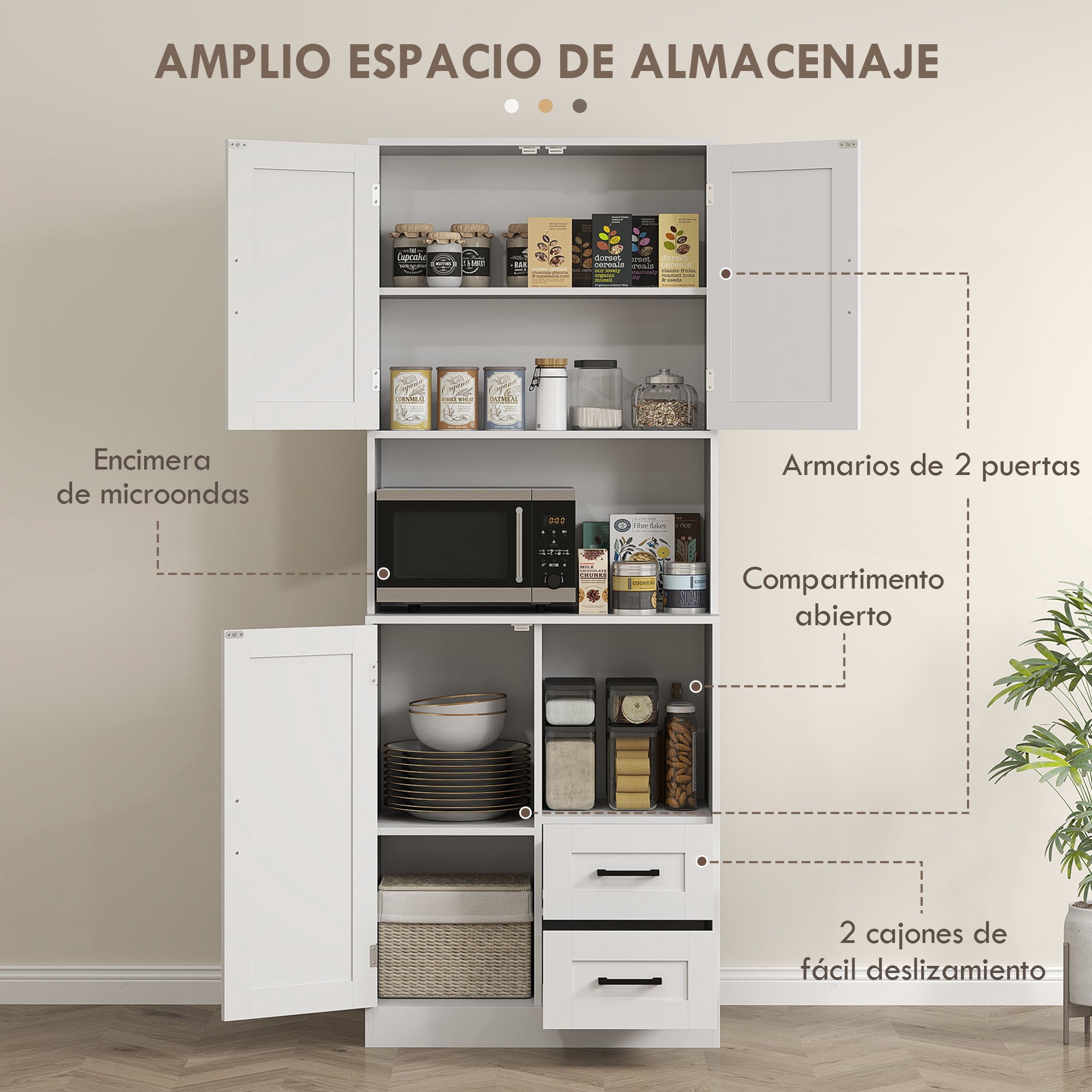 Rustic Kitchen Pantry Kitchen Cabinet Kitchen Storage Cabinet with 3 Doors Open Compartments 2 Drawers Cable Hole and Adjustable Shelves 70x40x180 cm White