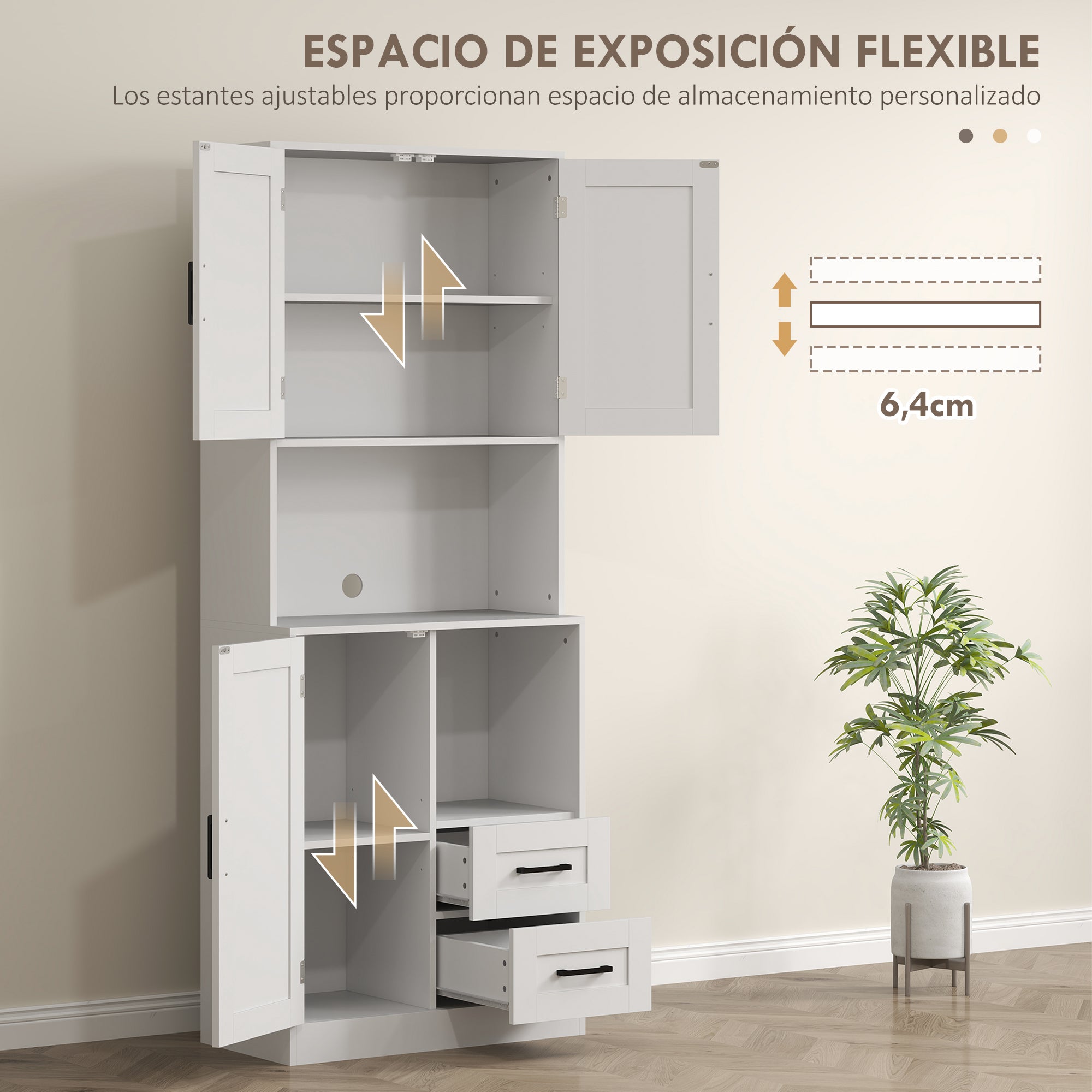 Rustic Kitchen Pantry Kitchen Cabinet Kitchen Storage Cabinet with 3 Doors Open Compartments 2 Drawers Cable Hole and Adjustable Shelves 70x40x180 cm White