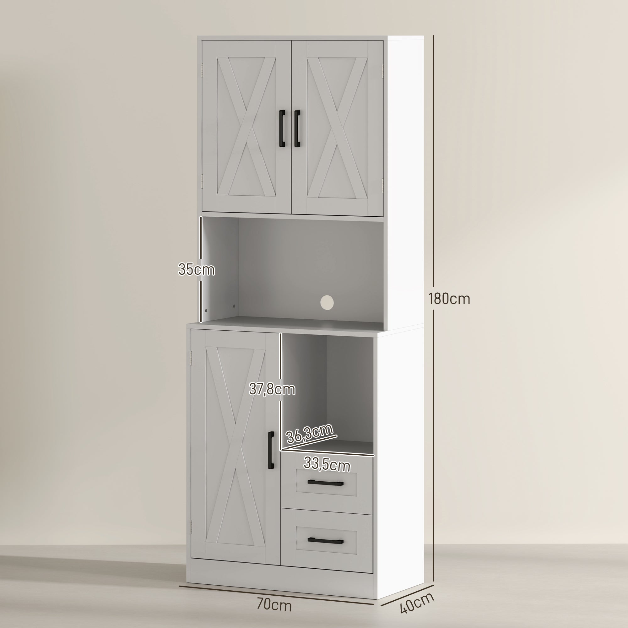 Rustic Kitchen Pantry Kitchen Cabinet Kitchen Storage Cabinet with 3 Doors Open Compartments 2 Drawers Cable Hole and Adjustable Shelves 70x40x180 cm White