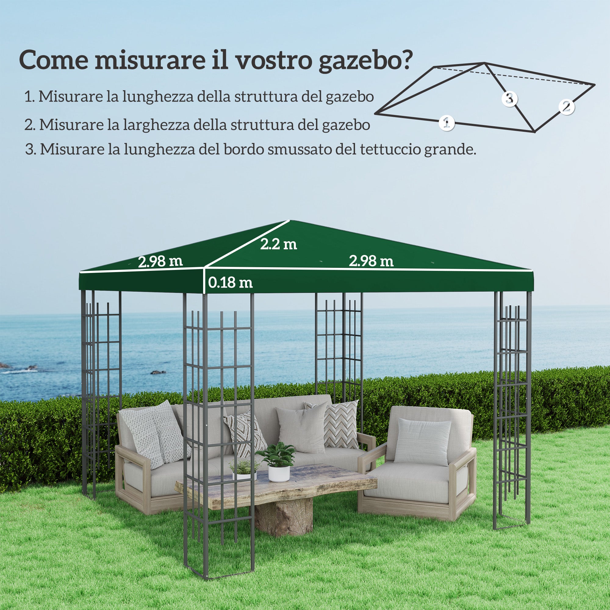 Replacement Canopy Cover for 3x3m Garden Gazebo, Water Resistant Oxford Fabric 600D 370g/㎡ Anti-UV 30+ with 8 Drainage Holes, Green