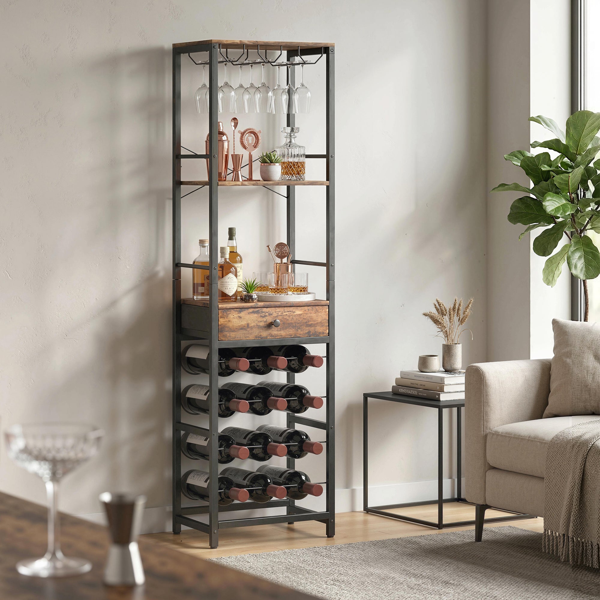 12-Bottle Wine Rack with Open Shelf and Drawer, Industrial Metal Wine Shelf for Kitchen, Living Room, Bar — 15.7 x 11.8 x 58.3 in (40 x 30 x 148 cm), Rustic Brown