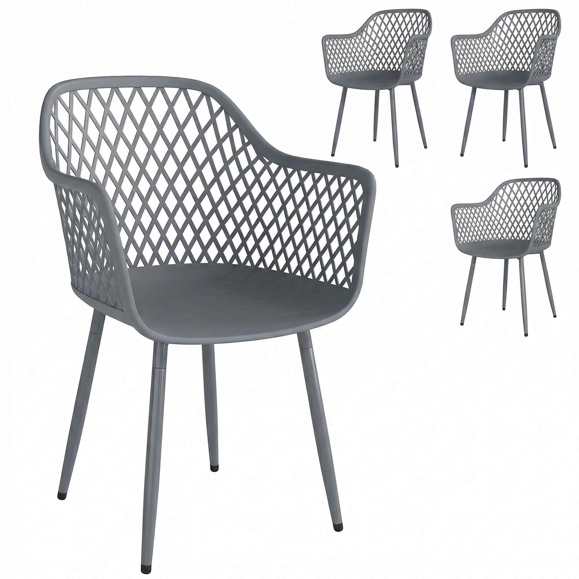 4-Pack Garden Chairs — UV-Resistant Plastic with Armrests & Backrest, Powder-Coated Metal Legs, 120 kg Capacity, Dark Gray