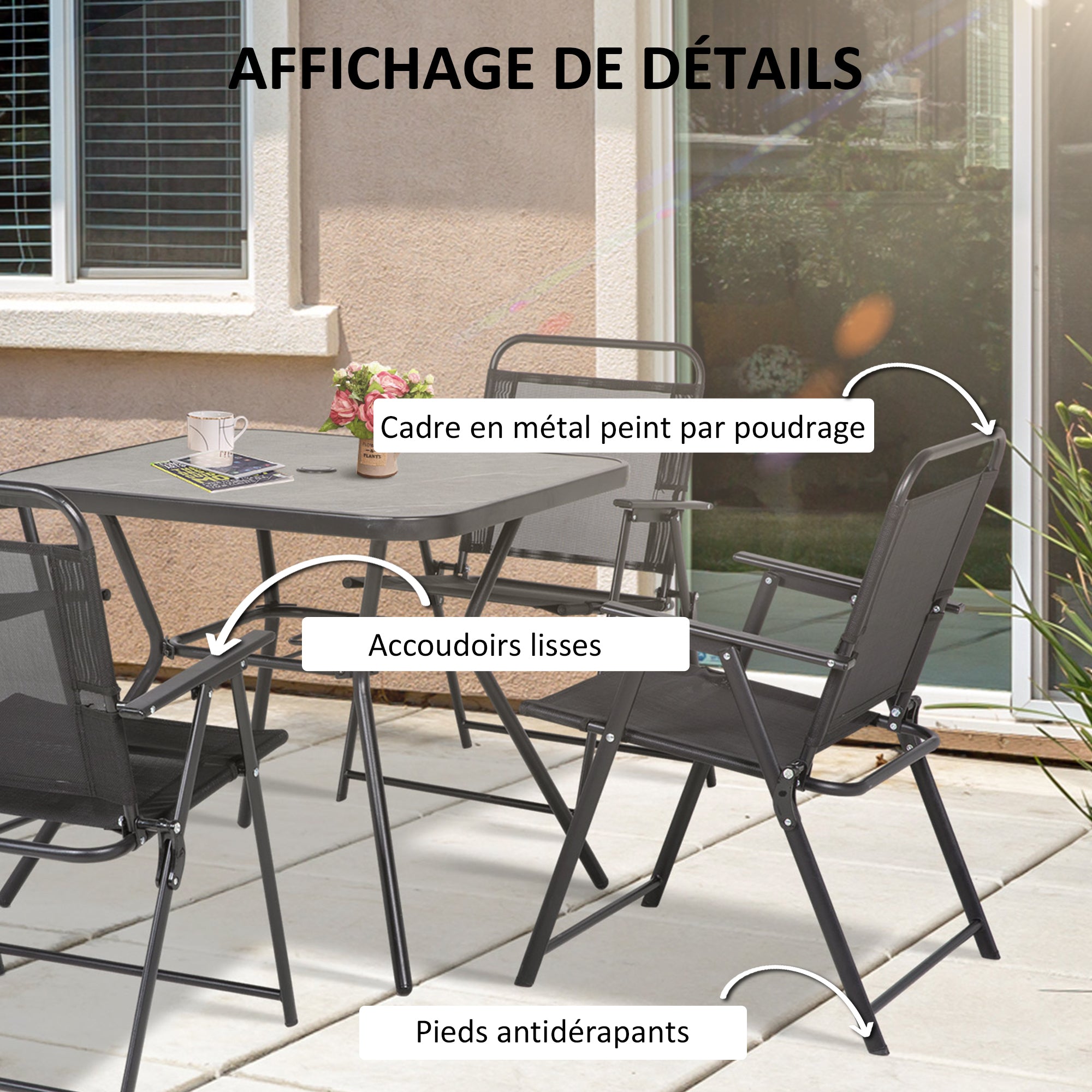 Garden Furniture Set 1 Square Table and 4 Folding Chairs, Epoxy Metal Garden Furniture, 5 Pieces for 4 People - Parasol Hole - Black