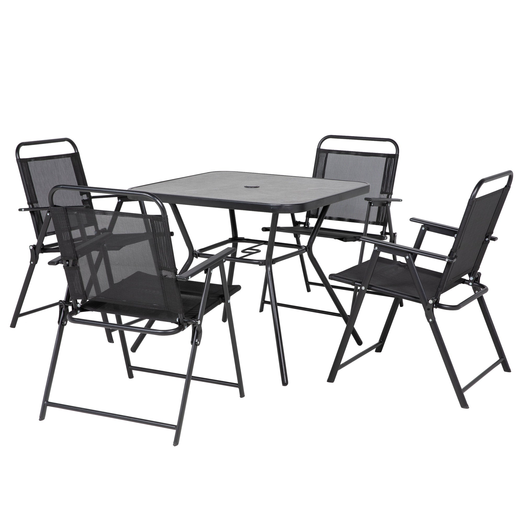 Garden Furniture Set 1 Square Table and 4 Folding Chairs, Epoxy Metal Garden Furniture, 5 Pieces for 4 People - Parasol Hole - Black