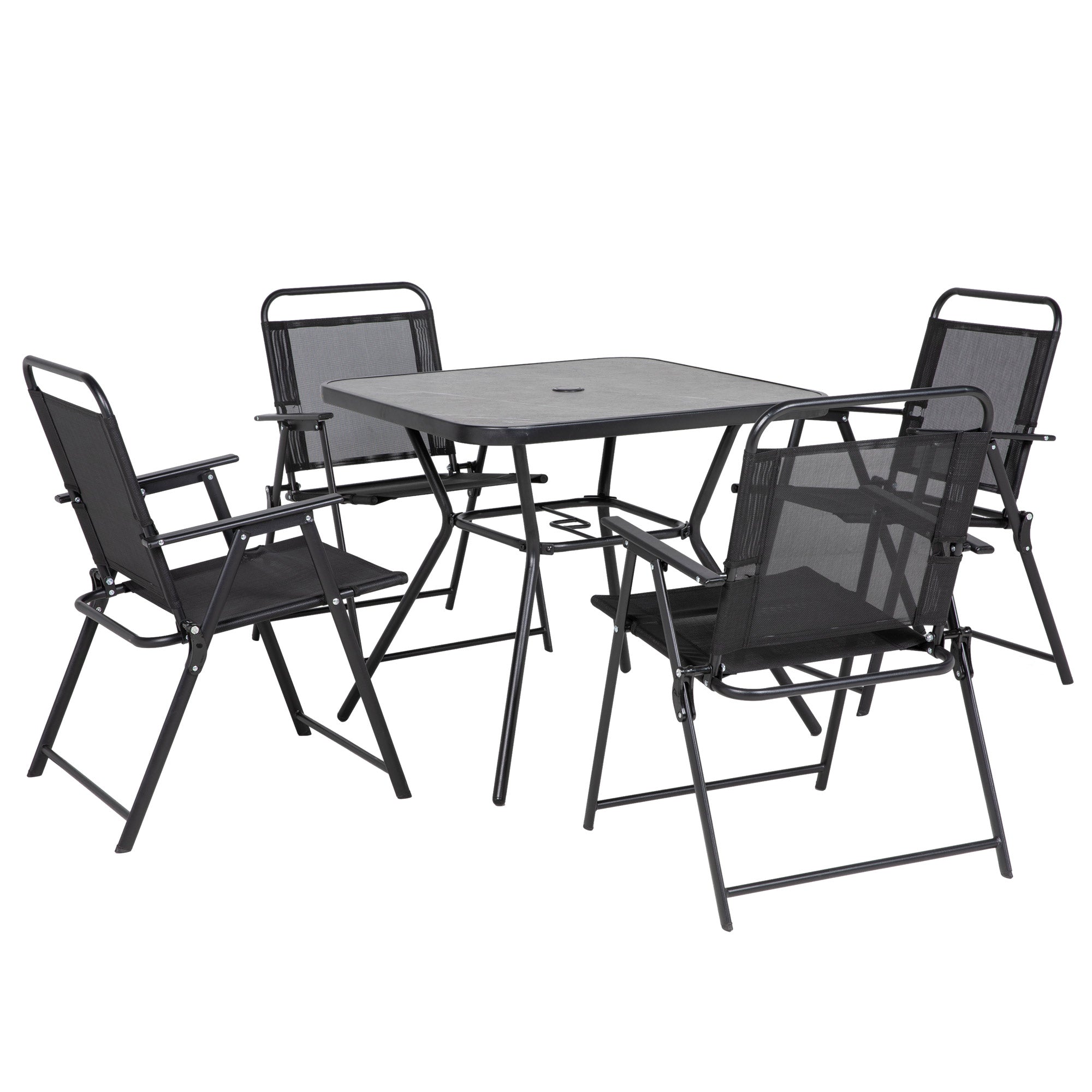 Garden Furniture Set 1 Square Table and 4 Folding Chairs, Epoxy Metal Garden Furniture, 5 Pieces for 4 People - Parasol Hole - Black