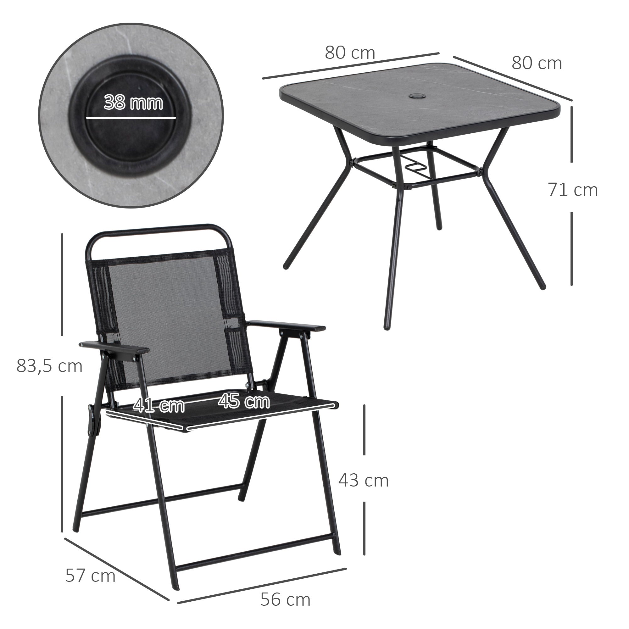 Garden Furniture Set 1 Square Table and 4 Folding Chairs, Epoxy Metal Garden Furniture, 5 Pieces for 4 People - Parasol Hole - Black