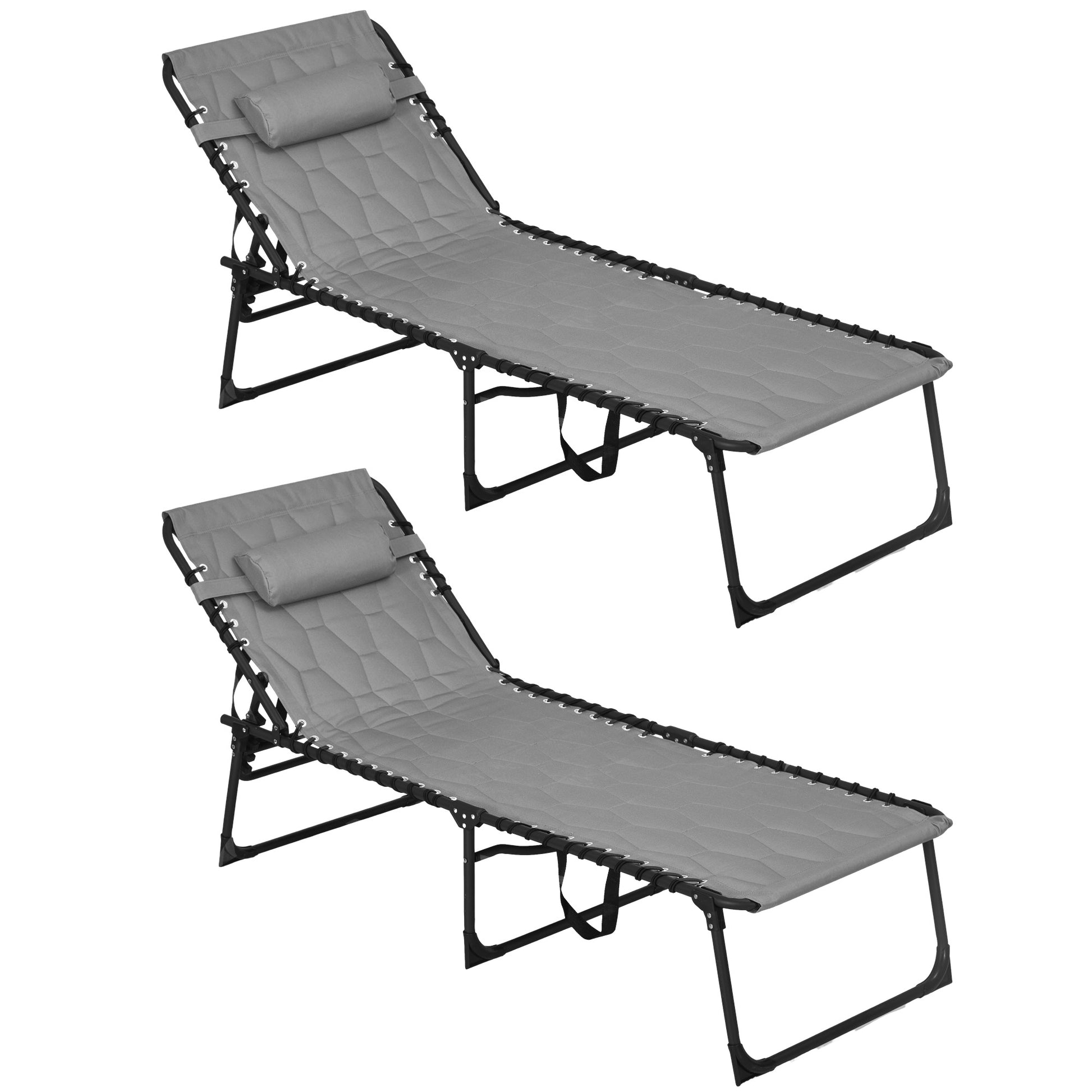 Set of 2 Garden Sun Loungers with Adjustable Backrest and Side Pocket, Steel and Oxford Fabric Sun Lounger, 65x188x36 cm, Grey and Black