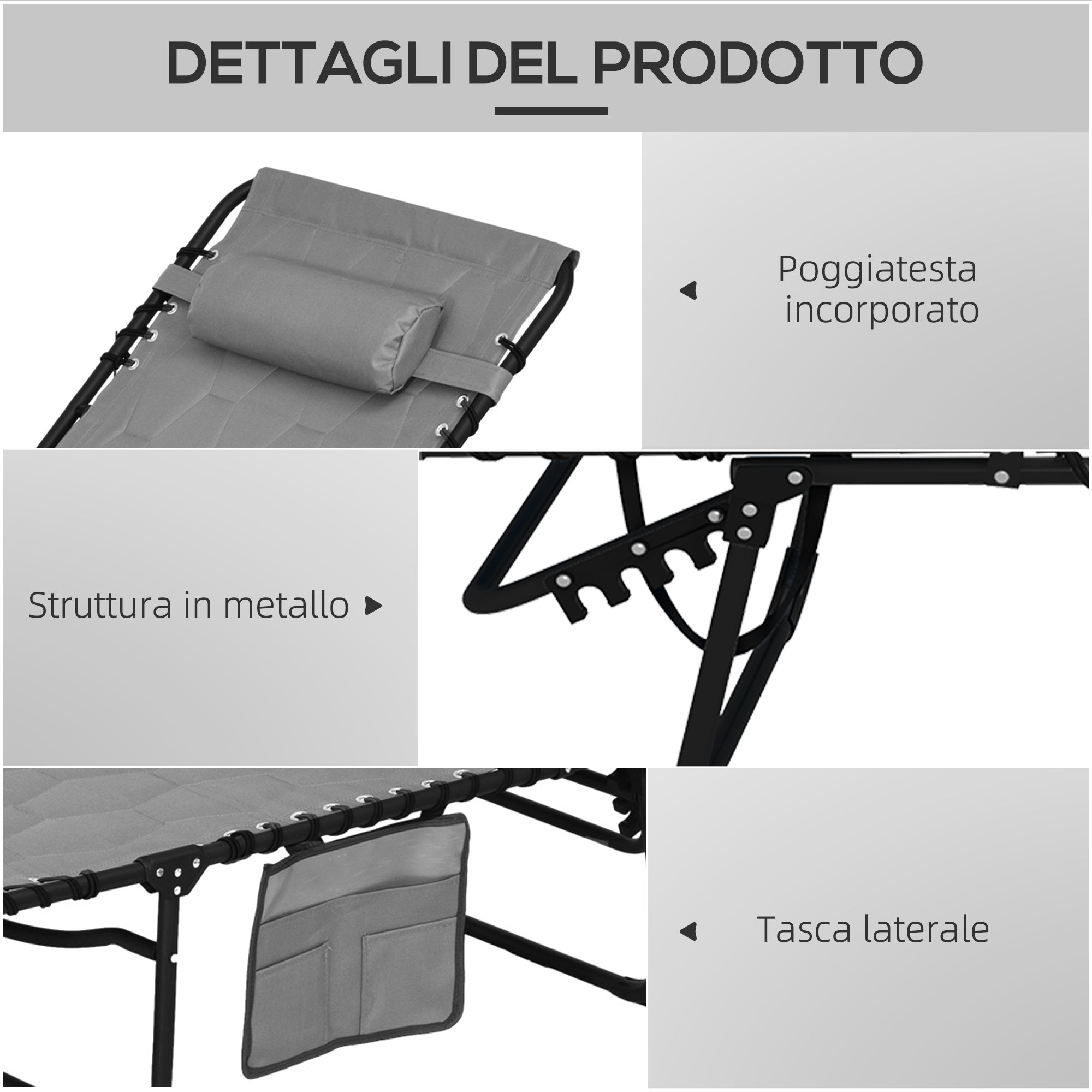 Set of 2 Garden Sun Loungers with Adjustable Backrest and Side Pocket, Steel and Oxford Fabric Sun Lounger, 65x188x36 cm, Grey and Black