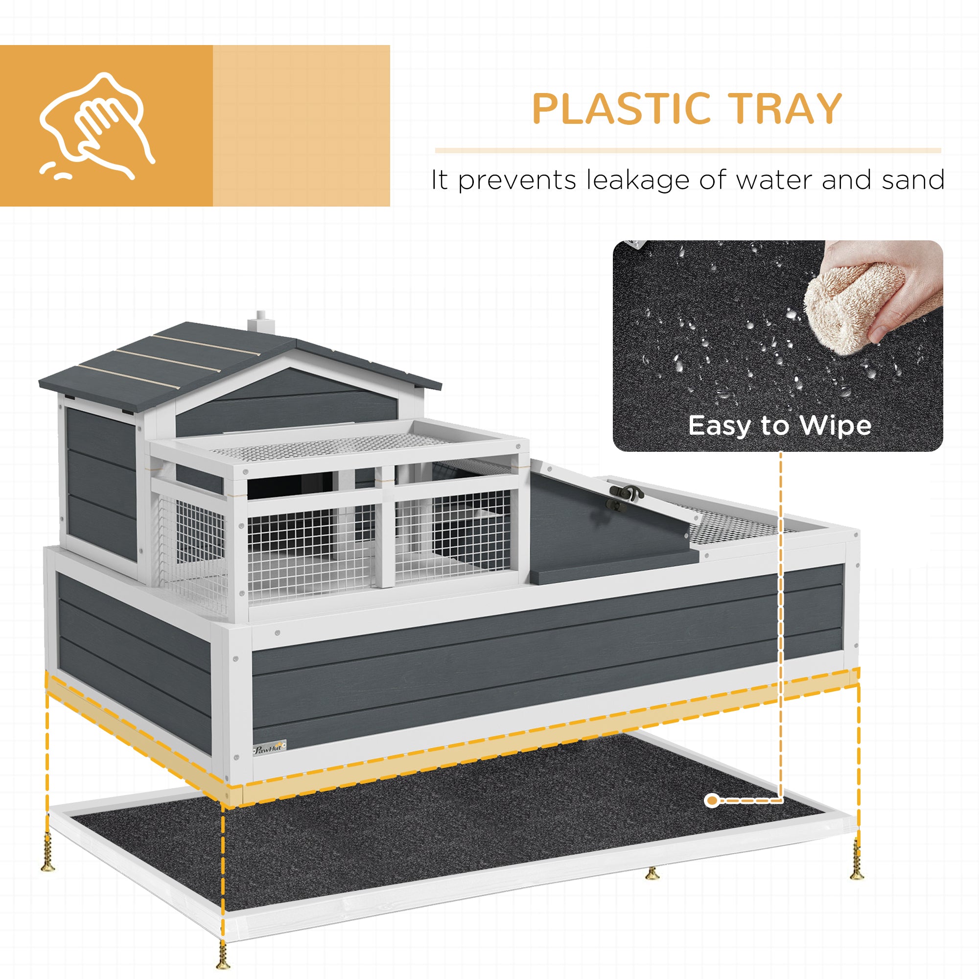 Wooden Turtle House — 2-Level Turtle Enclosure with Balcony, Hinged Roof & Pull-Out Tray, Outdoor Reptile Habitat, Gray