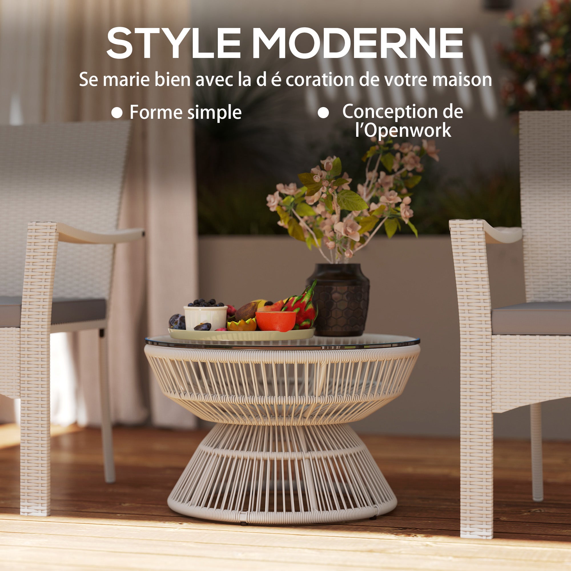 Round Garden Coffee Table, Rattan Wicker Effect Side Table with Tempered Glass Top Ø60 x 37H cm Light Grey