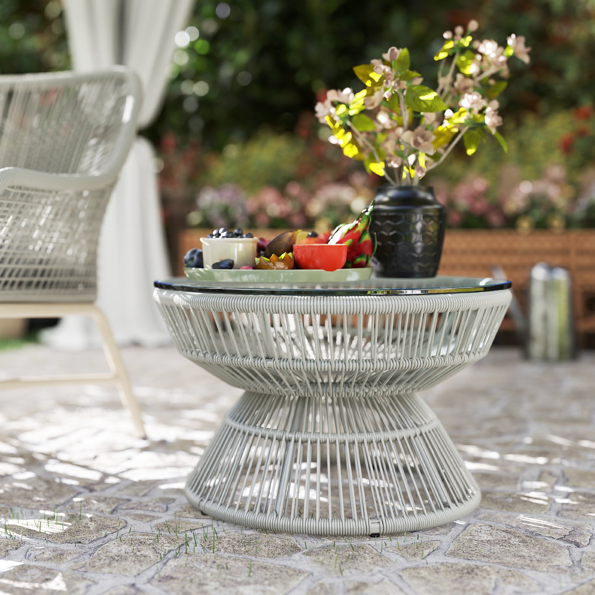 Round Garden Coffee Table, Rattan Wicker Effect Side Table with Tempered Glass Top Ø60 x 37H cm Light Grey